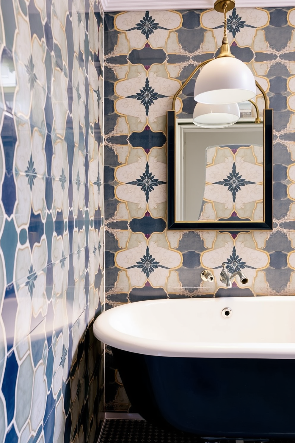 Create a stunning bathroom tiling design that features classic tiles paired with vibrant colored grout to create a striking contrast. The tiles should be arranged in an elegant pattern, showcasing the interplay between the traditional shapes and the bold hues of the grout.