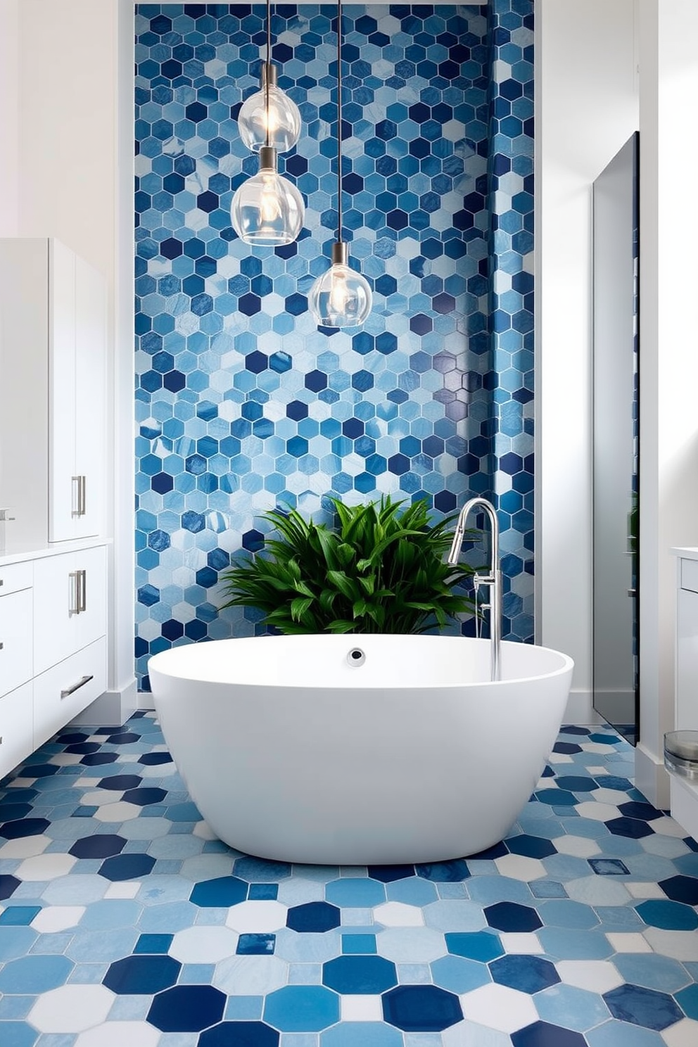 A modern bathroom featuring a stunning wall of color gradient tiles that transition smoothly from deep blue at the bottom to soft white at the top. The floor is adorned with sleek, large-format tiles in a neutral shade, creating a harmonious balance with the vibrant wall design. The space includes a freestanding tub positioned beneath a large window, allowing natural light to illuminate the room. Minimalist fixtures in matte black contrast beautifully with the colorful tiles, enhancing the contemporary aesthetic.