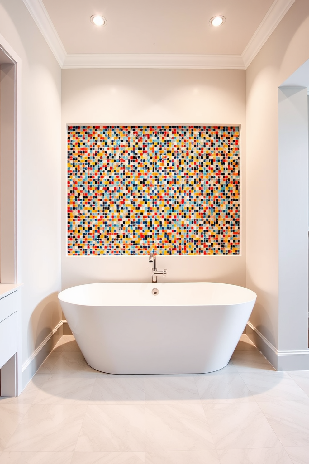 A vibrant bathroom setting featuring bold colored tiles in a striking geometric pattern. The walls are adorned with a mix of bright blue and sunny yellow tiles, creating an energetic atmosphere. The floor is covered in contrasting black and white tiles that complement the walls. A sleek white freestanding bathtub sits in the center, surrounded by colorful potted plants for a lively touch.