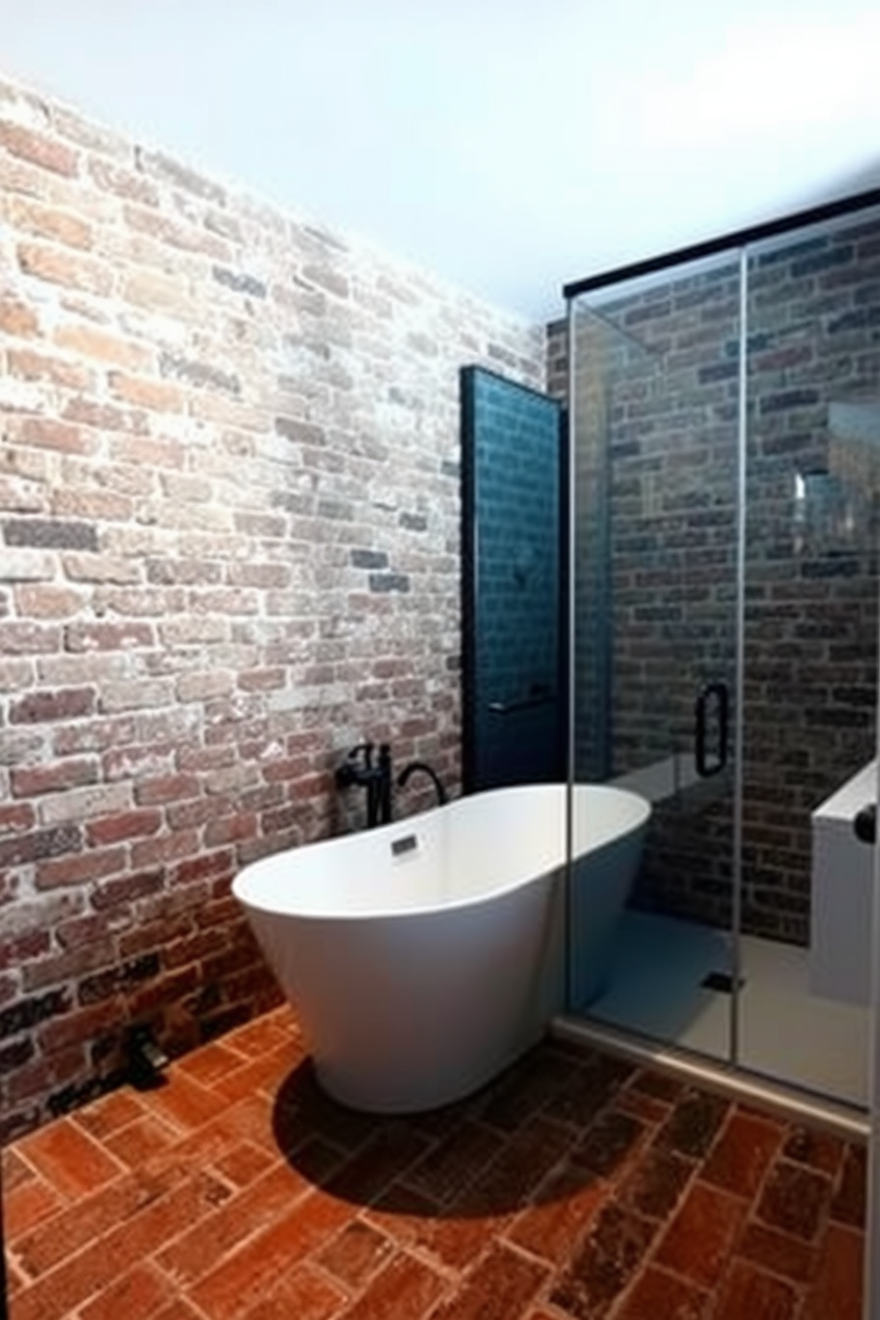 A rustic bathroom with industrial charm featuring exposed brick tiles that create a warm yet edgy atmosphere. The space includes a sleek freestanding tub and a minimalist shower area, both surrounded by the textured brick walls that enhance the overall aesthetic.