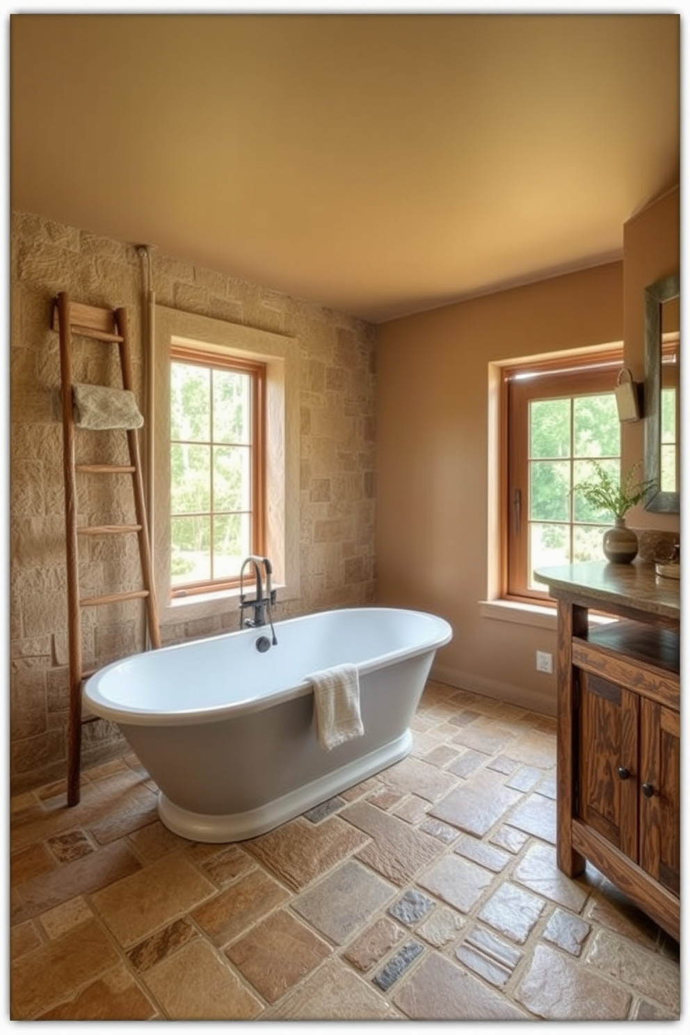 A rustic bathroom setting featuring natural stone tiles in earthy tones. The walls are adorned with rough-hewn wooden beams, creating a warm and inviting atmosphere. A freestanding bathtub sits on the stone tiles, surrounded by potted plants for a touch of greenery. Soft, ambient lighting highlights the texture of the natural materials, enhancing the overall cozy feel.