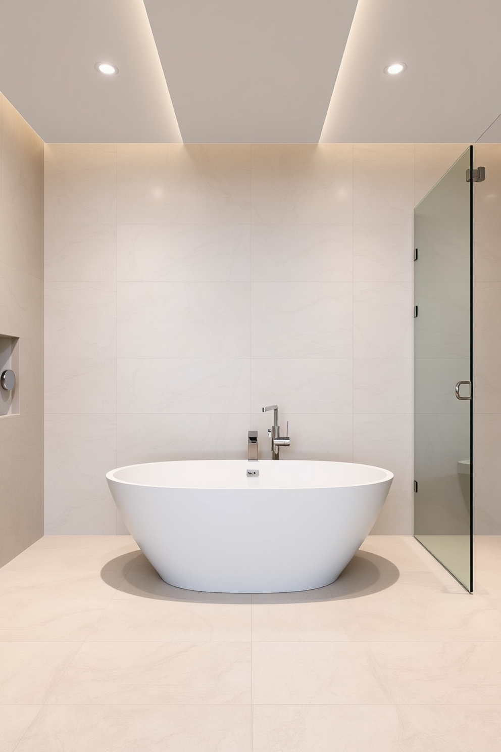 A sleek bathroom design featuring large format tiles that minimize seams for a clean and modern look. The walls are adorned with these tiles in a soft neutral tone, creating a seamless backdrop for the space. The floor is also covered in large format tiles, enhancing the spacious feel of the room. A contemporary freestanding tub sits in the center, complemented by a minimalist chrome faucet for a touch of elegance.