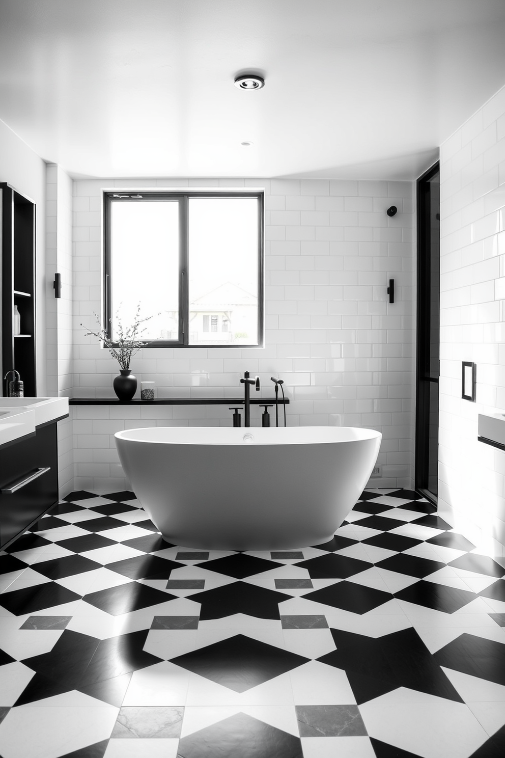 A stylish bathroom featuring black and white checkerboard floor tiles that create a bold visual statement. The walls are adorned with sleek white tiles, complementing the striking pattern of the floor and enhancing the overall elegance of the space. A modern freestanding bathtub sits in the center, surrounded by minimalist decor. Elegant fixtures in matte black finish add a contemporary touch, while a large window allows natural light to flood the room, highlighting the design elements.