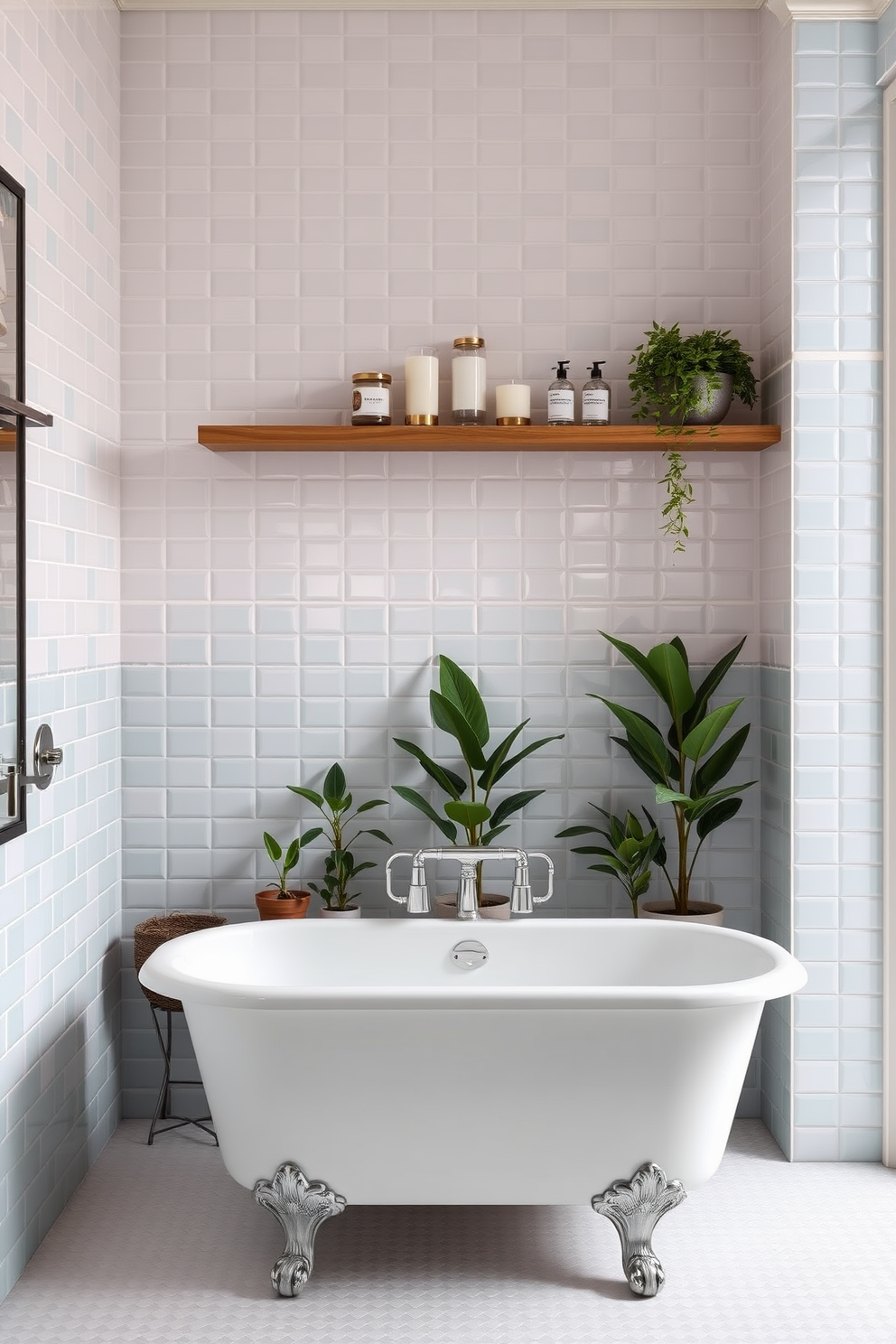 A contemporary bathroom featuring hexagonal tiles in varying shades of gray and white. The walls are adorned with sleek, modern fixtures that complement the tile design, creating a cohesive and stylish look. The floor showcases a beautiful arrangement of hexagonal tiles that adds depth and texture to the space. A minimalist wooden vanity with a vessel sink sits against one wall, enhancing the overall aesthetic of contemporary charm.