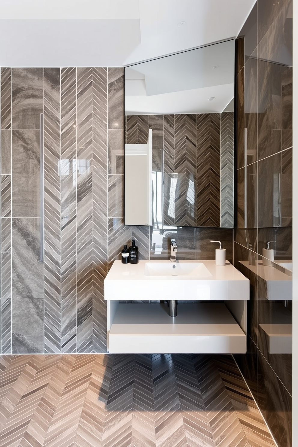 A stunning bathroom design features sleek black tiles that create a dramatic contrast against the bright white walls. The floor is adorned with large black tiles, while the shower area showcases smaller, glossy black tiles for added texture and depth. To enhance the luxurious feel, a freestanding white bathtub sits elegantly against the wall, surrounded by stylish black fixtures. Soft lighting highlights the beauty of the black tiles, creating an inviting and sophisticated atmosphere.