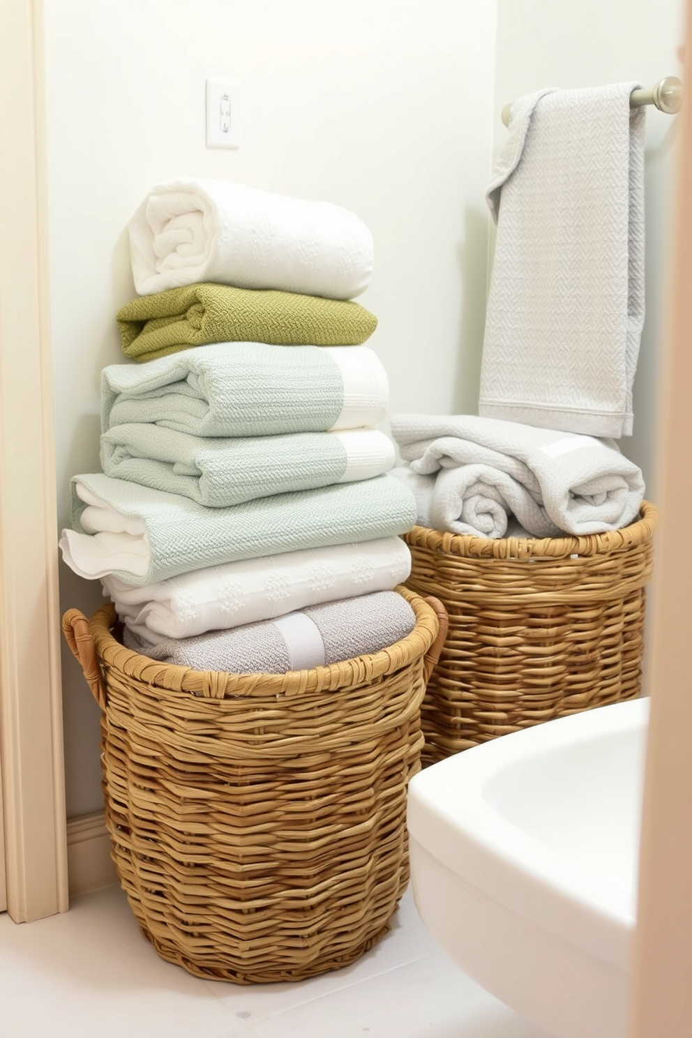 Layered towels in decorative baskets arranged in a cozy bathroom nook. The baskets are woven from natural materials and feature a mix of soft pastel-colored towels, creating an inviting and spa-like atmosphere.