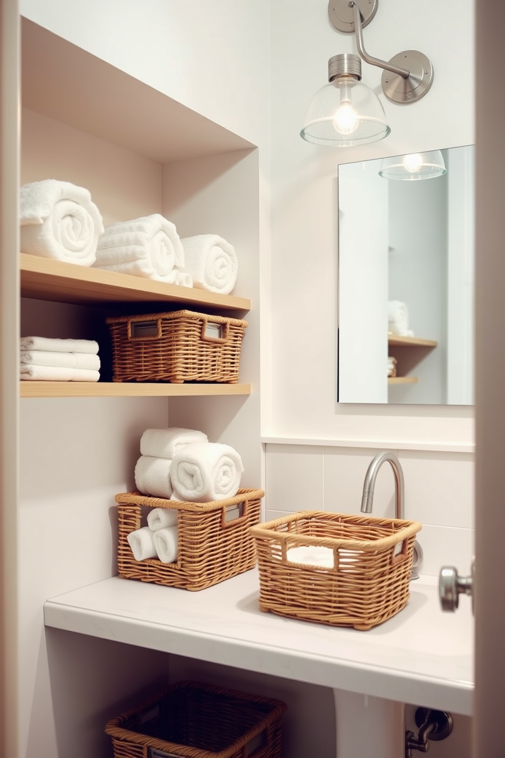 A serene bathroom setting featuring neatly arranged towel rolls in decorative storage bins. The bins are made of natural wicker and are placed on open shelves, enhancing the warm ambiance of the space. Soft pastel colors adorn the walls, creating a calming atmosphere. A stylish, minimalist design is complemented by elegant lighting fixtures that illuminate the area beautifully.