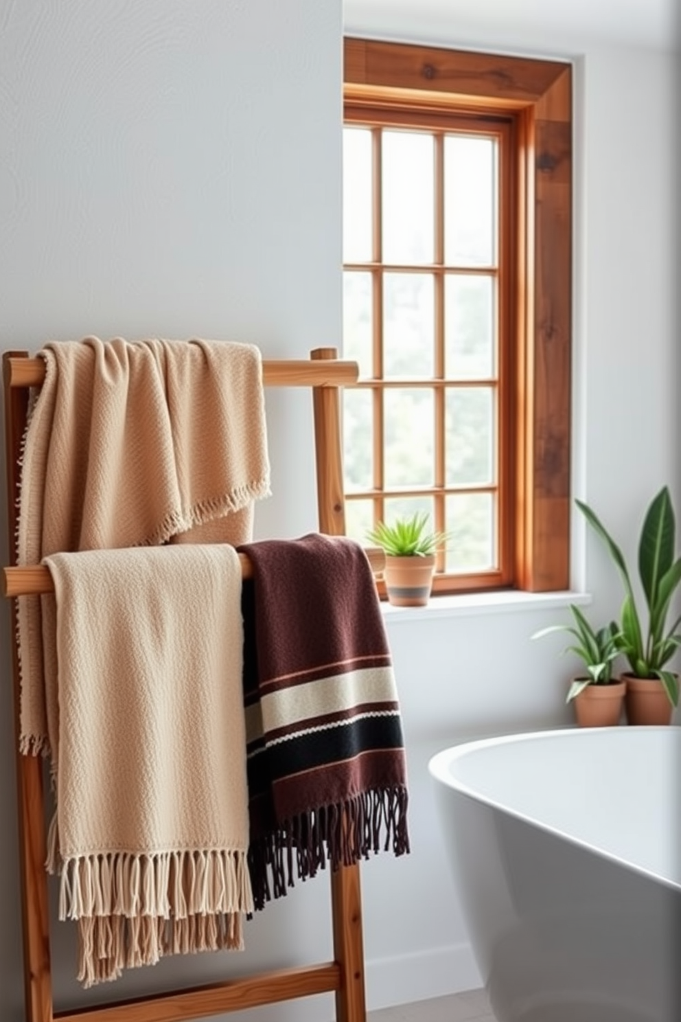 A stylish bathroom featuring floating shelves for towel organization. The shelves are made of reclaimed wood and are mounted above a sleek modern towel rack. The walls are painted a soft gray, creating a calm atmosphere. Plush towels in various shades of white and beige are neatly arranged on the shelves, adding texture and warmth to the space.