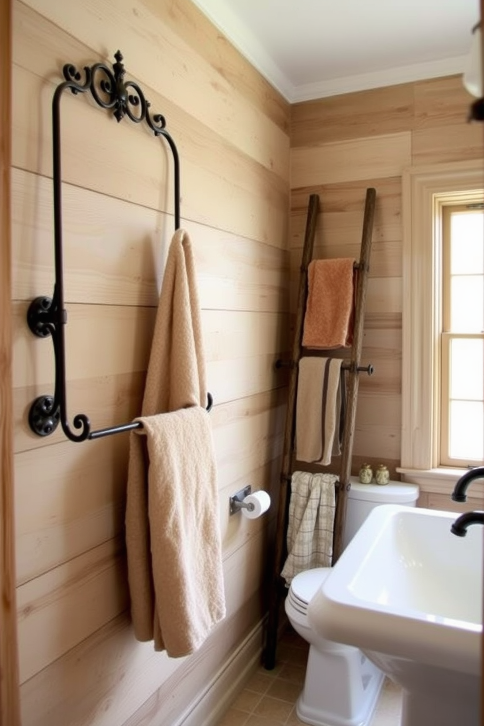 A serene bathroom space featuring woven baskets that add a natural touch. The baskets are arranged neatly on open shelves, creating an inviting and organized atmosphere. Soft, plush towels are elegantly displayed on a stylish towel rack. The towels come in various shades of earth tones, enhancing the warm and cozy vibe of the bathroom.