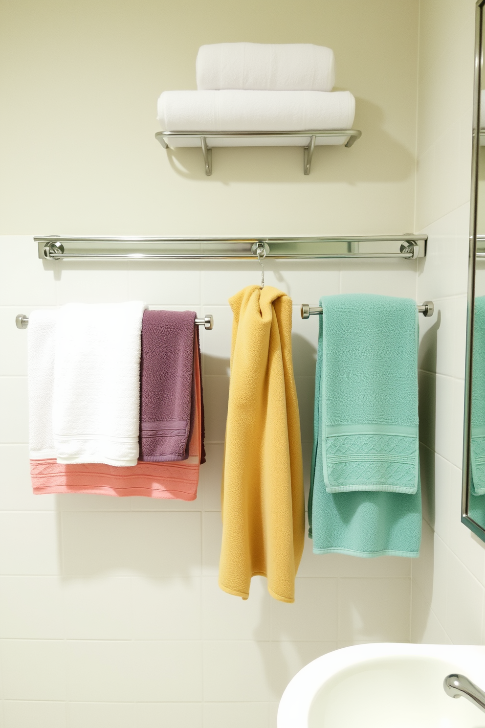 A stylish bathroom featuring wall-mounted bars with neatly arranged hanging towels. The towels come in a variety of soft colors that complement the overall decor, creating an inviting and organized space.