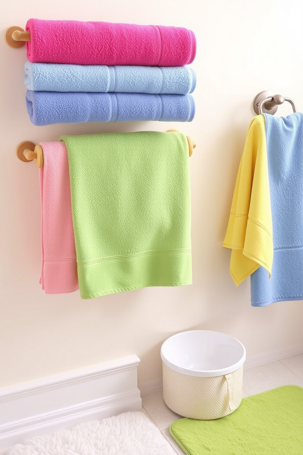 Create a cheerful bathroom setting featuring brightly colored towels displayed neatly on a wooden towel rack. The walls are painted in a light, airy color, and the floor is adorned with soft, plush rugs that complement the vibrant towels.