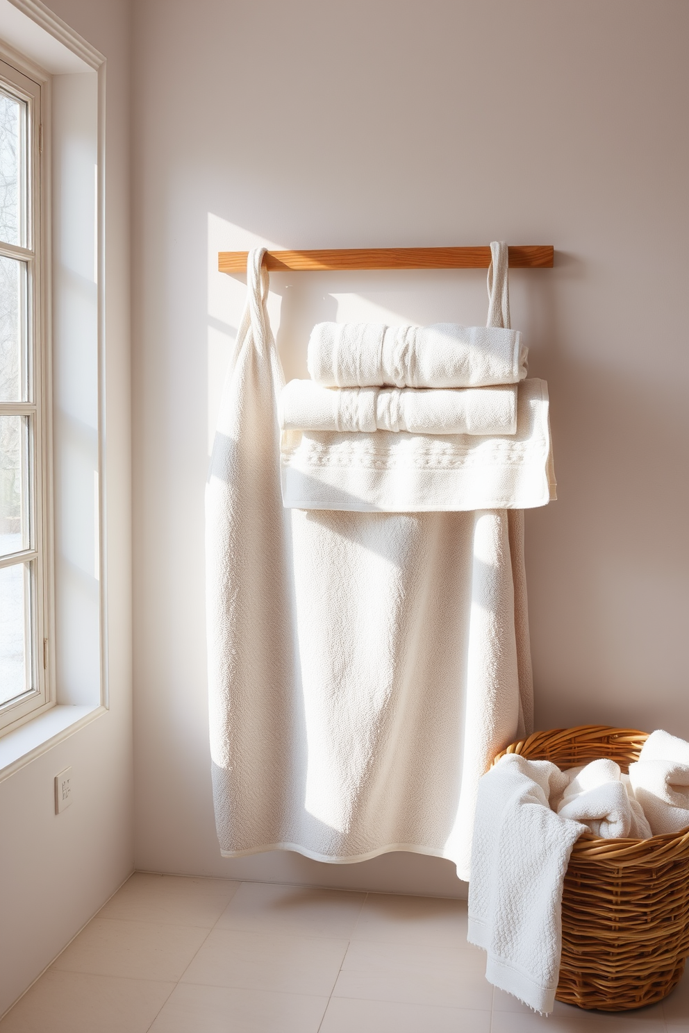 A serene bathroom space featuring neutral towels arranged neatly on a wooden towel rack. The soft, muted color palette enhances the calming atmosphere, complemented by natural light streaming in through a frosted window. The towels are made of plush cotton, inviting comfort and relaxation. A decorative basket nearby holds additional towels, adding a touch of warmth and organization to the design.