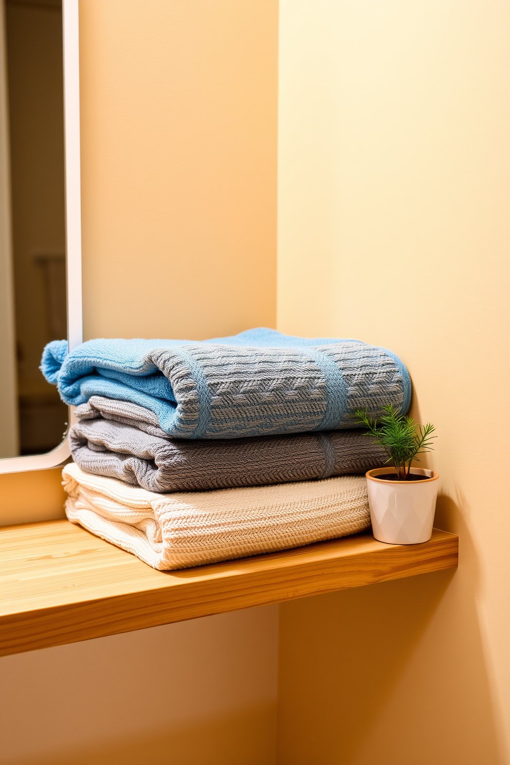 A cozy bathroom scene featuring neatly layered towels in contrasting colors. The towels are arranged on a wooden shelf, with a vibrant blue towel stacked atop a soft gray one, creating a visually appealing contrast. The walls are painted in a warm beige tone, enhancing the inviting atmosphere. A small potted plant sits beside the towels, adding a touch of greenery to the design.