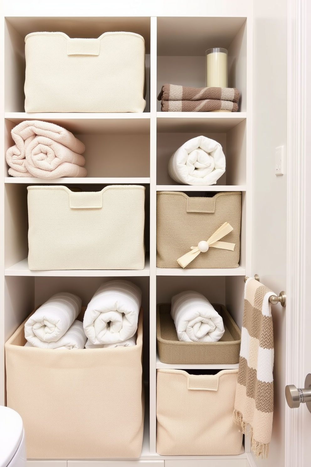 A stylish bathroom setting featuring fabric bins for towel organization. The bins are neatly arranged on open shelves, showcasing a variety of soft, textured fabrics in coordinating colors. The towels are rolled and stacked neatly within the bins, creating an inviting and organized appearance. The overall design emphasizes functionality while maintaining a chic aesthetic, with a neutral color palette that complements the bathroom decor.