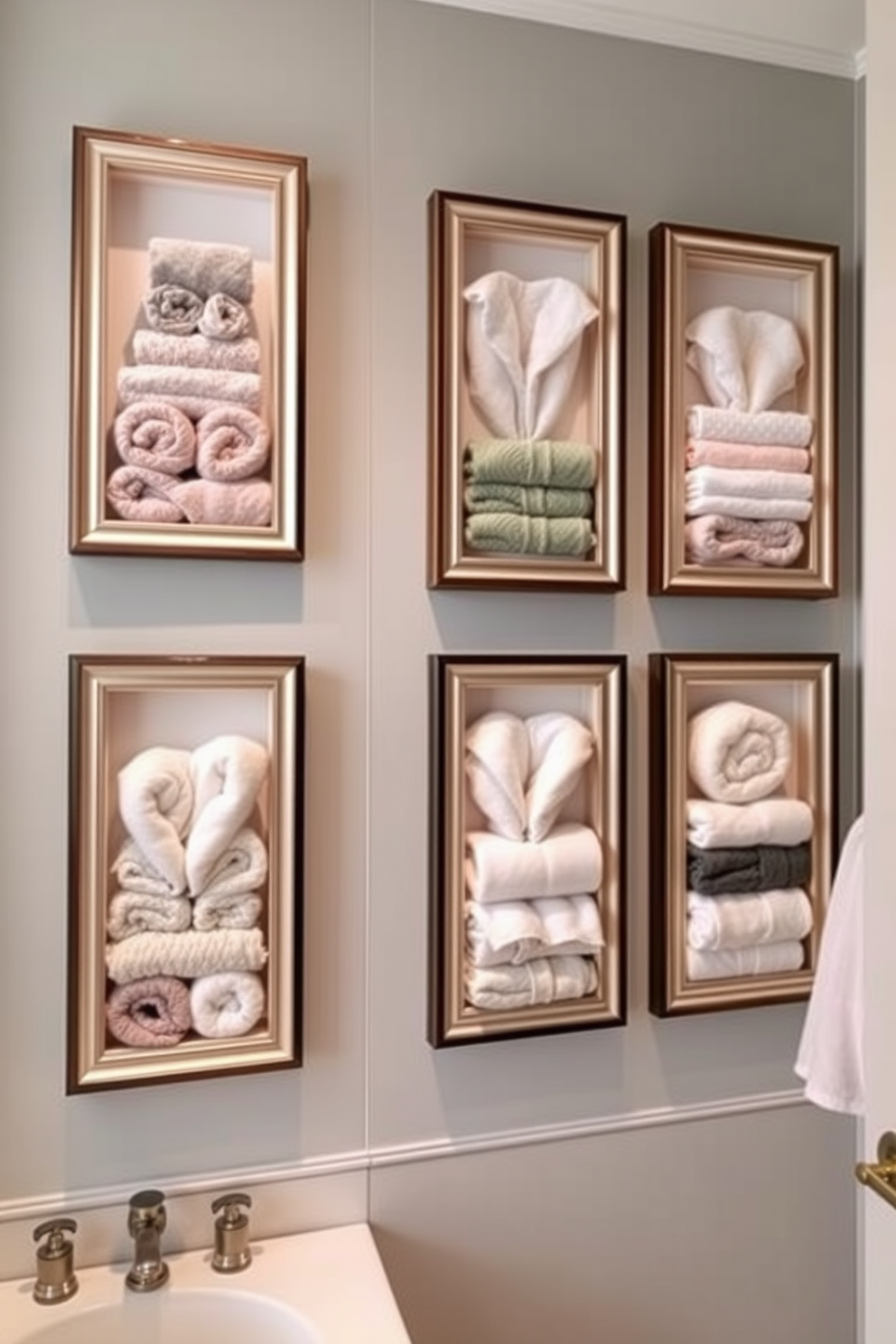 A stunning display of towel art is showcased in elegantly designed wall frames. Each frame features a different arrangement of folded towels in various colors and textures, creating a visually appealing focal point. The bathroom is adorned with creative towel design ideas that add a touch of sophistication. Soft pastel hues and luxurious fabrics enhance the overall aesthetic, making the space feel inviting and stylish.