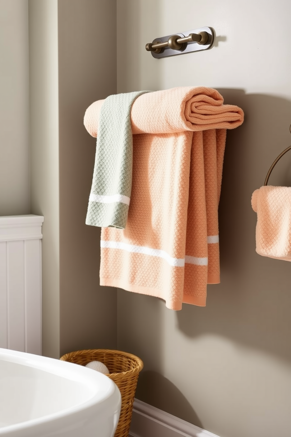 Create a bathroom scene featuring a set of color coordinated towels neatly arranged on a wooden towel rack. The towels should complement the overall color scheme of the bathroom, enhancing the aesthetic appeal and creating a cohesive look. Incorporate a stylish towel holder that blends seamlessly with the bathroom decor. The towels can be displayed in various sizes, showcasing different textures and patterns while maintaining a harmonious color palette.