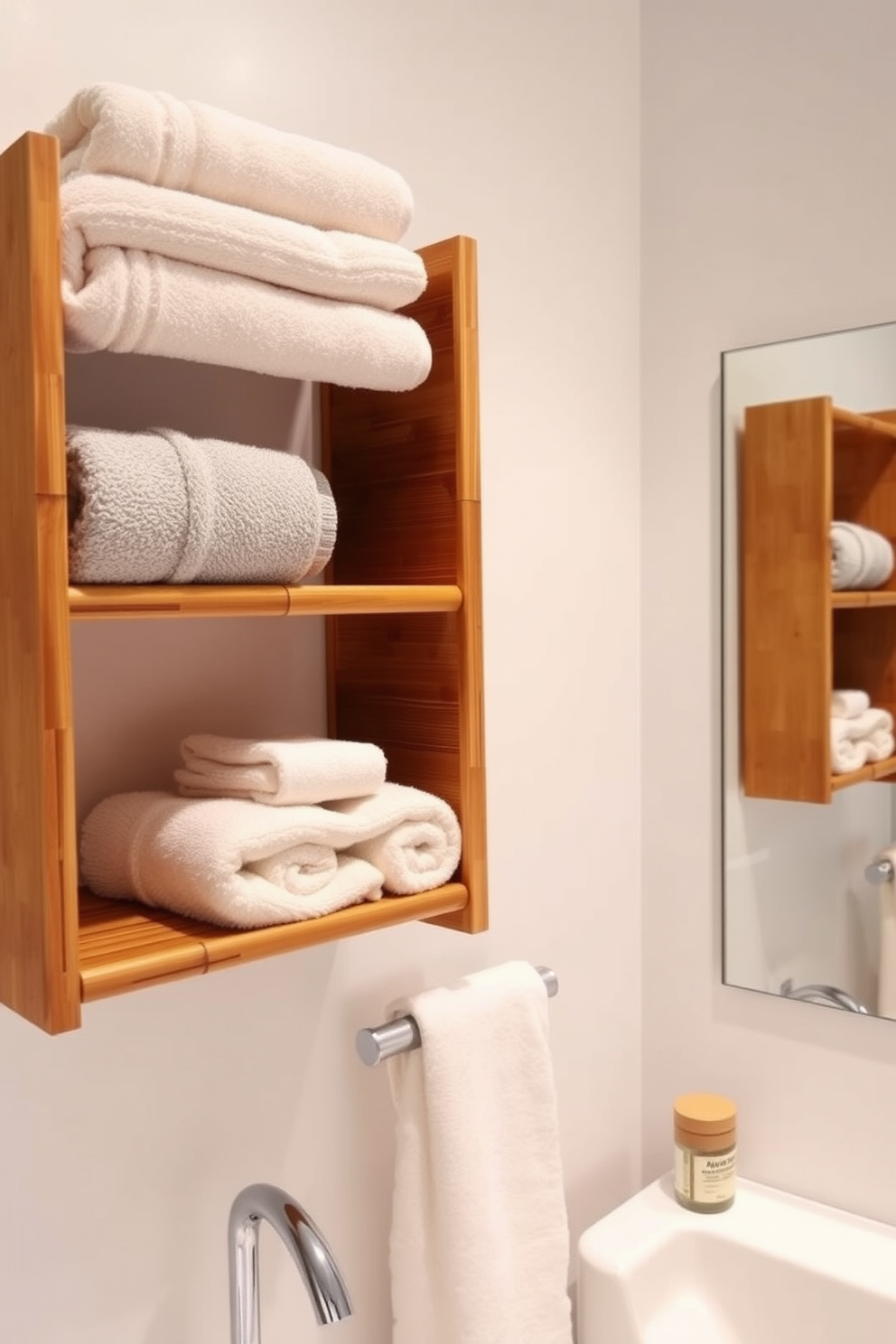 A serene bathroom setting featuring bamboo towel shelves that enhance the eco-friendly aesthetic. The shelves are elegantly arranged with neatly folded towels in soft, natural colors, complementing the warm tones of the bamboo.