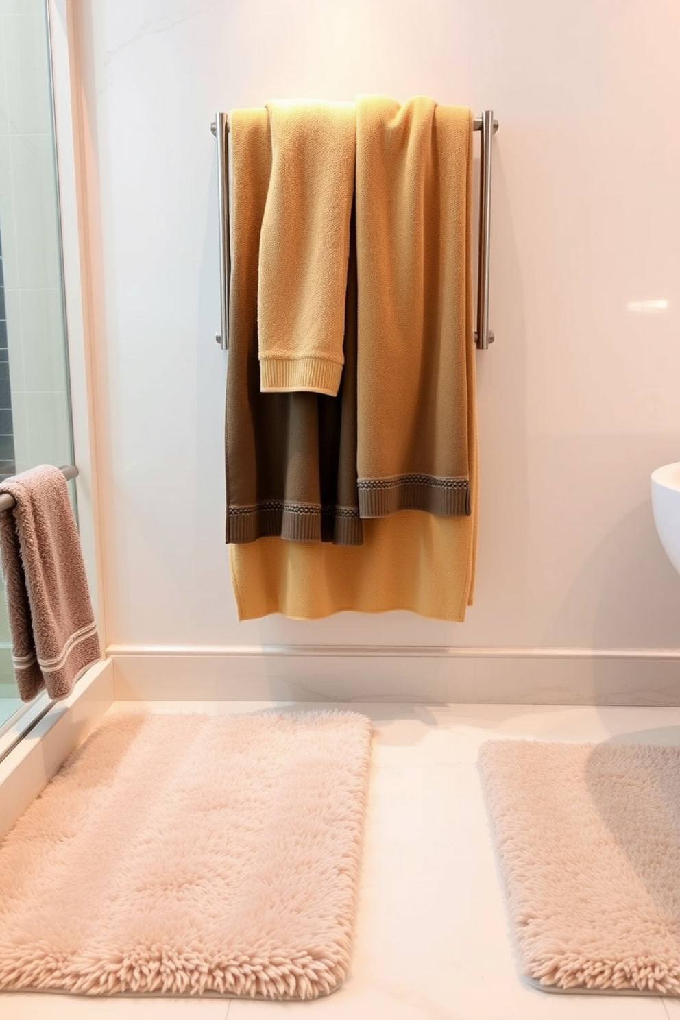 A luxurious bathroom setting featuring oversized towels in elegant colors. The towels are neatly arranged on a stylish towel rack, enhancing the overall aesthetic of the space. Soft lighting illuminates the area, creating a warm and inviting atmosphere. Plush bath mats complement the oversized towels, adding to the comfort and sophistication of the design.