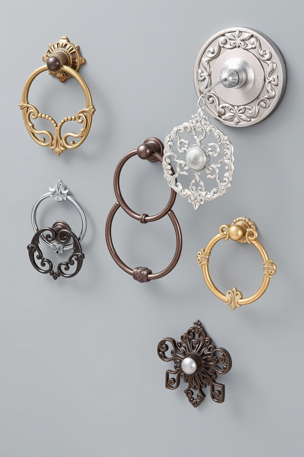 A collection of decorative towel rings adds an elegant touch to the bathroom decor. Each towel ring features intricate designs and finishes that complement the overall aesthetic of the space. Consider various styles such as vintage brass, sleek modern chrome, or rustic wrought iron. These towel rings can be strategically placed near sinks or showers to enhance both functionality and beauty.