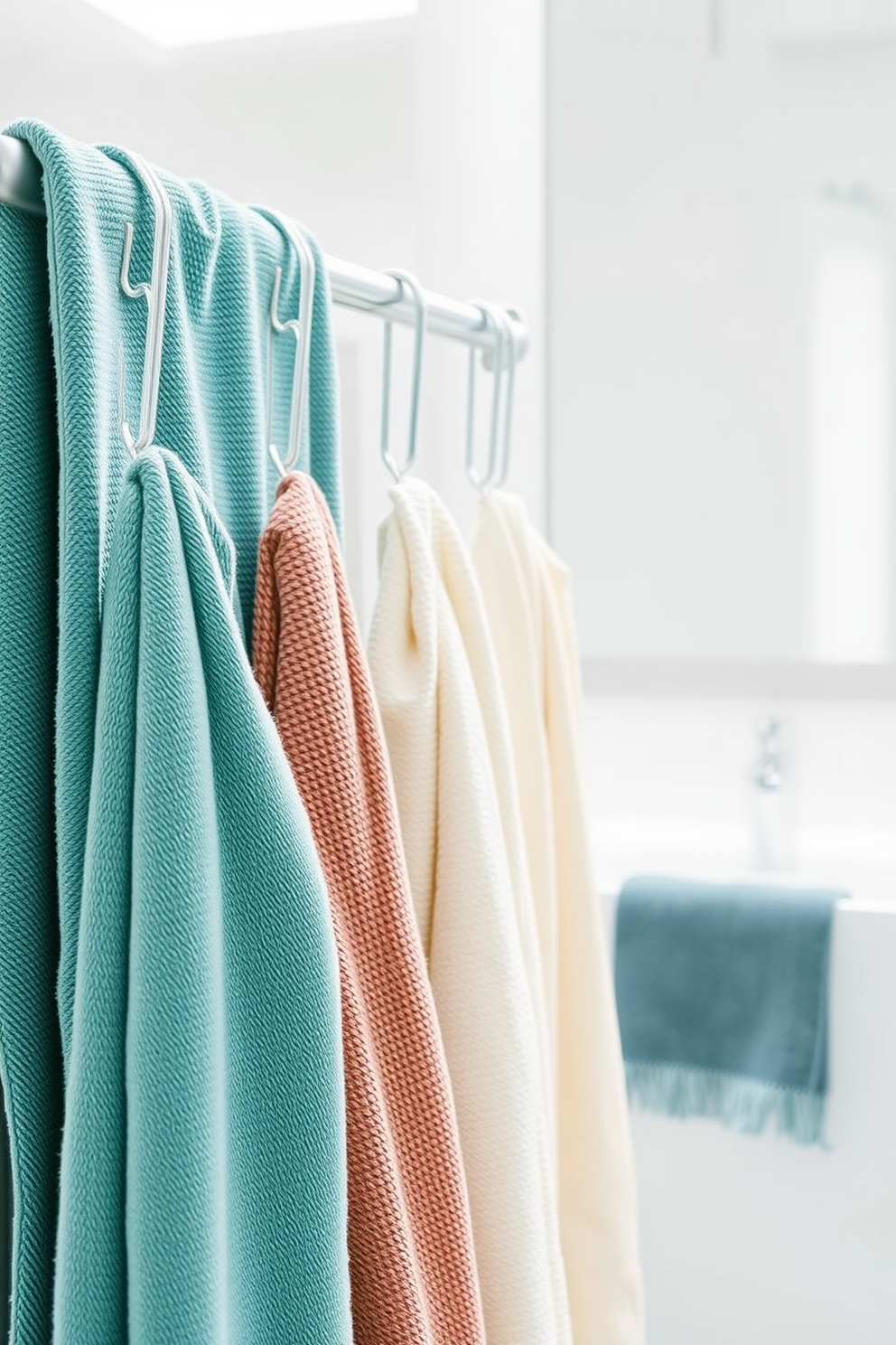 A modern bathroom featuring hanging towels secured with stylish clips. The towels are arranged in an elegant manner, showcasing a variety of colors and textures that complement the overall design.