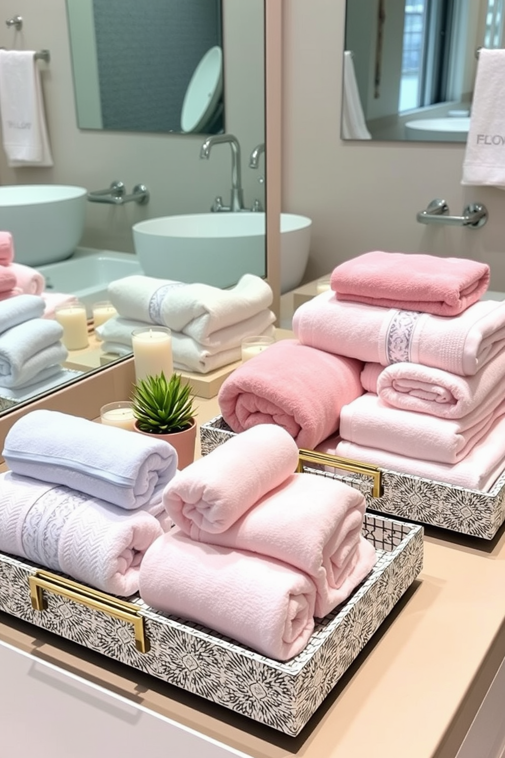 A stylish towel display arranged on decorative trays showcases a variety of luxurious towels in soft pastel colors. The trays are placed on a sleek bathroom countertop, enhancing the overall aesthetic with a touch of elegance. Each tray features towels neatly rolled and stacked, complemented by small decorative items like candles or potted succulents. The background includes a modern sink and a mirror that reflects the beautiful towel arrangement, creating a serene and inviting atmosphere.