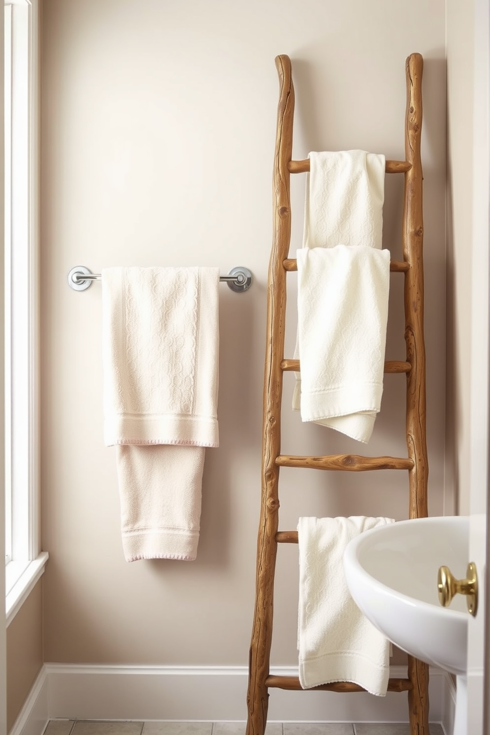 A stylish bathroom features a decorative ladder leaning against the wall, adorned with neatly hung towels in soft, neutral colors. The ladder adds an element of texture and warmth, complementing the overall aesthetic of the space.