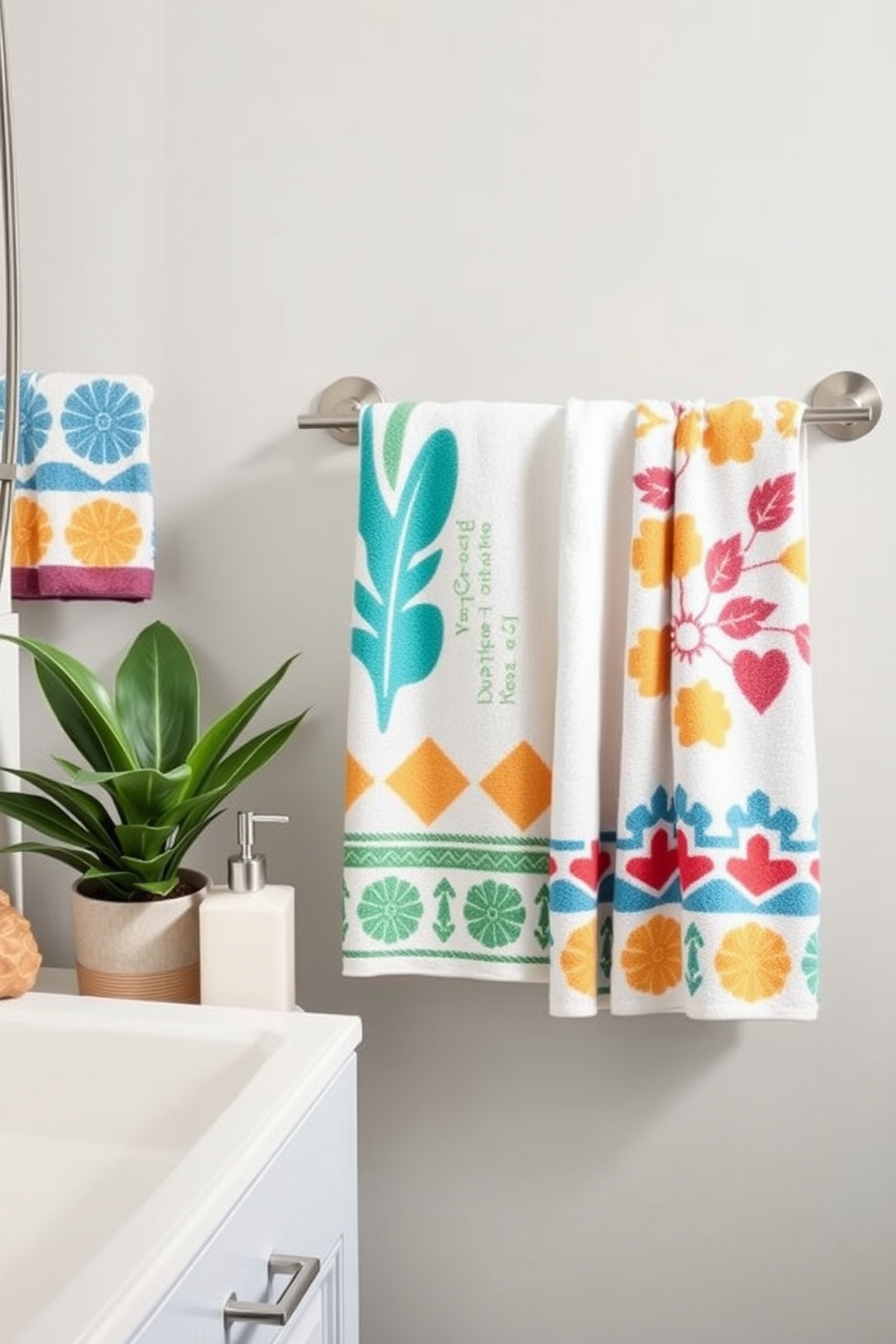 Create a vibrant bathroom scene featuring towels with unique prints that add personality to the space. The towels are neatly hung on a stylish rack, showcasing a variety of colorful patterns and textures that complement the overall decor. Incorporate a modern towel holder made of brushed metal to enhance the aesthetic appeal. Surround the towels with decorative elements like a potted plant and a chic soap dispenser to create a cohesive design.