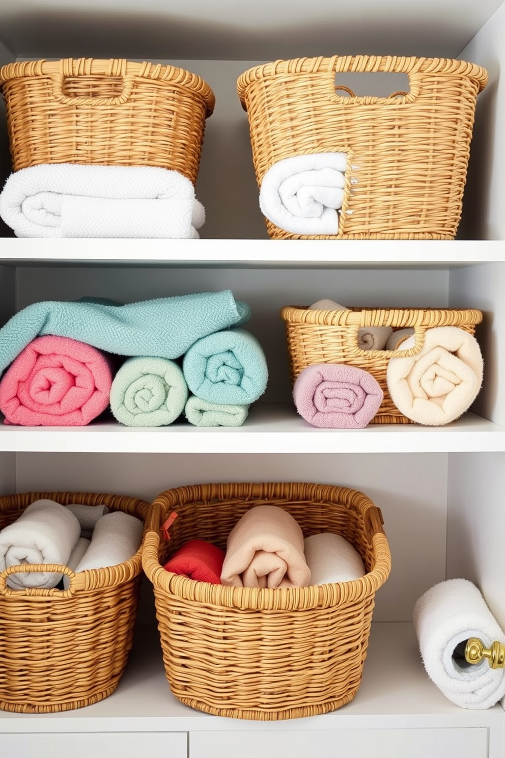 Chic towel storage in decorative baskets creates a stylish and organized bathroom space. The baskets are made of natural fibers and are placed on open shelving, adding warmth and texture to the room. Bathroom towel design ideas include a mix of vibrant colors and soft textures that enhance the overall aesthetic. Towels are neatly rolled and displayed in the baskets, providing both functionality and visual appeal.