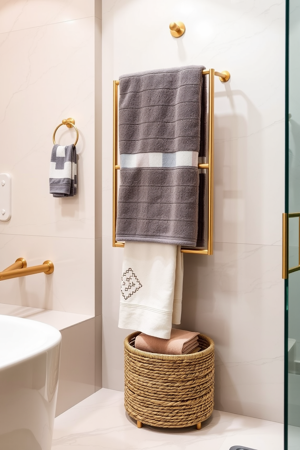 A luxurious bathroom setting featuring a sleek towel display that incorporates metallic accents. The walls are adorned with elegant tiles, and a stylish towel rack in brushed gold showcases plush towels in a coordinated color palette. The lighting is soft and warm, highlighting the shimmer of the metallic elements throughout the space. A decorative basket beneath the rack adds a touch of texture while providing storage for additional towels.