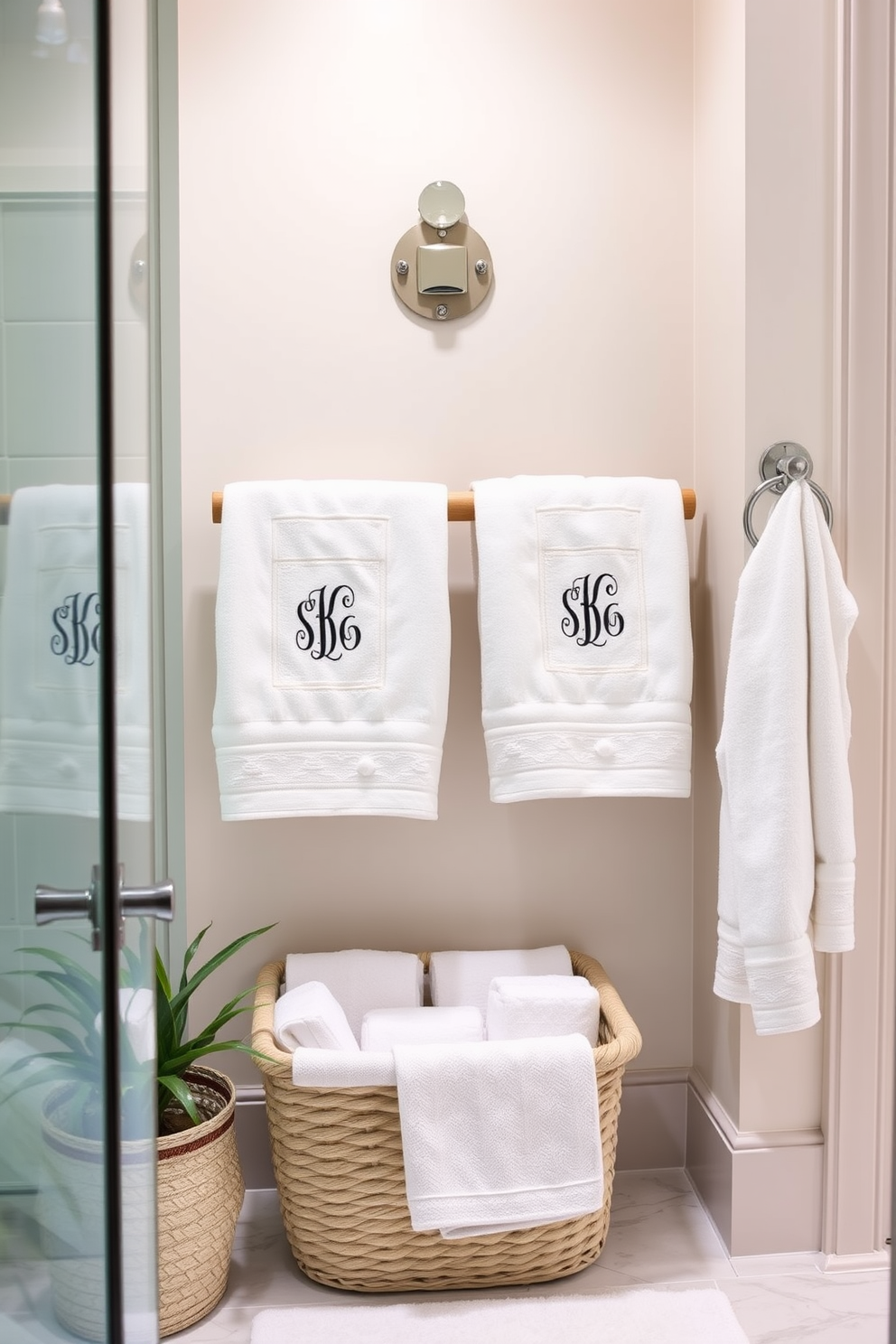 A luxurious bathroom setting featuring monogrammed towels elegantly displayed. The towels are neatly arranged on a stylish wooden rack, adding a personalized touch to the decor. The color palette includes soft neutrals and calming blues, creating a serene atmosphere. Decorative elements such as a chic basket for extra towels and a small potted plant enhance the overall design.