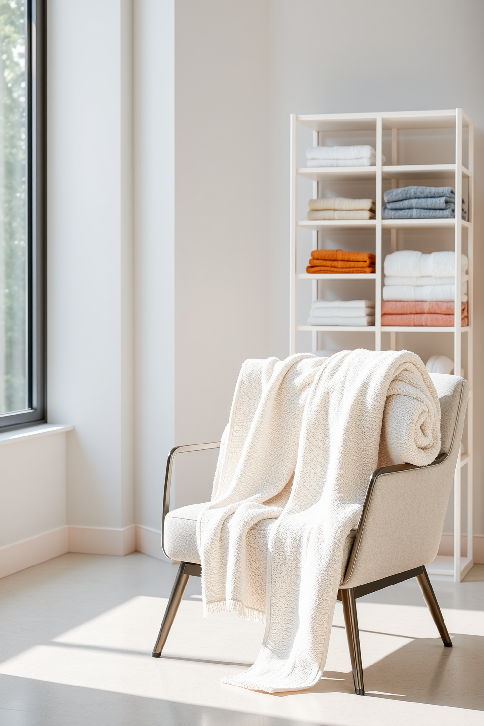 Towels are elegantly draped over a sleek modern armchair with a soft fabric in a neutral tone. The chair is positioned near a large window that allows natural light to illuminate the space, enhancing the overall ambiance. In the background, a minimalist shelving unit displays neatly folded towels in various colors, creating a visually appealing contrast. The walls are painted in a calming pastel shade, adding to the serene atmosphere of the bathroom.