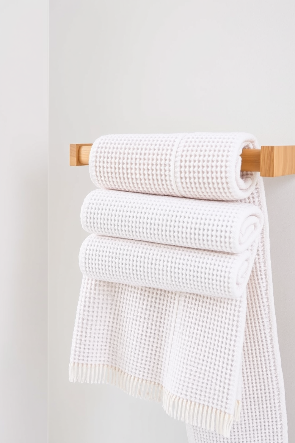 Textured towels in soft pastel shades are elegantly arranged on a sleek wooden rack, enhancing the overall aesthetic of the bathroom. The towels feature subtle patterns that add depth and character, perfectly complementing the serene color palette of the space. Incorporating a mix of waffle and ribbed textures, the towels create a delightful contrast against the smooth surfaces of the bathroom fixtures. This thoughtful design choice not only elevates the visual appeal but also invites a touch of luxury and comfort.