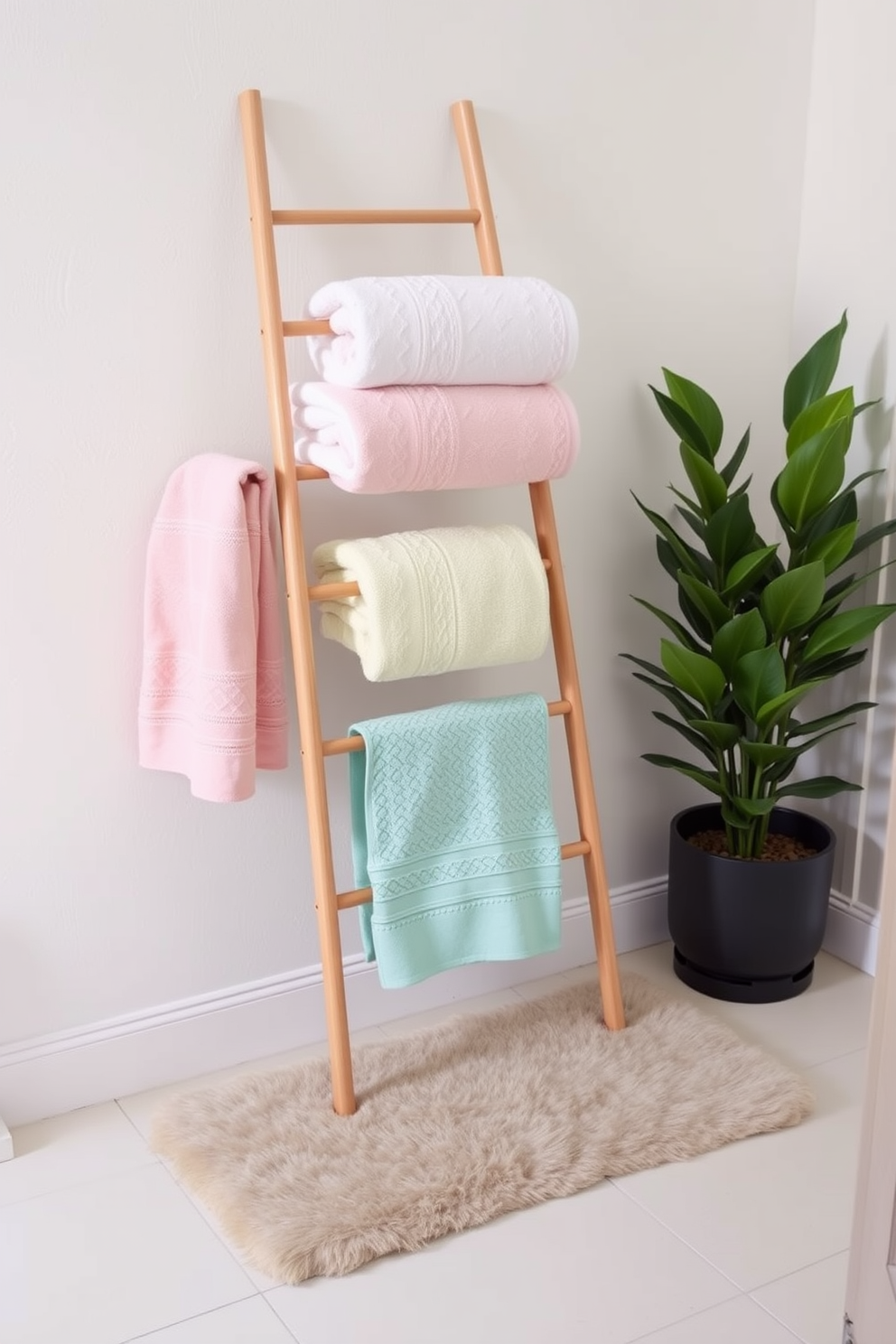 A stylish ladder rack stands against a wall, adorned with neatly arranged towels in various shades of soft pastels. The rack's minimalist design complements the overall decor, creating an inviting and organized bathroom space. The floor is covered with a plush area rug that adds warmth, while a small potted plant sits nearby, enhancing the natural feel of the room. The walls are painted in a light neutral tone, allowing the vibrant colors of the towels to stand out beautifully.