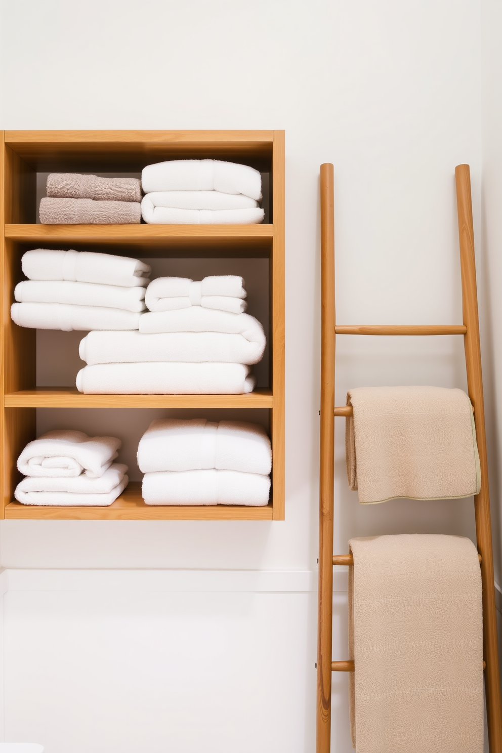 A serene bathroom setting featuring open shelving units filled with neatly folded towels in various colors and textures. The shelves are made of natural wood, adding warmth to the space, while soft lighting highlights the towels' plushness. Adjacent to the shelving, a stylish ladder rack displays additional towels, creating an inviting and organized atmosphere. The walls are painted in a soft white hue, enhancing the overall brightness and airiness of the bathroom design.