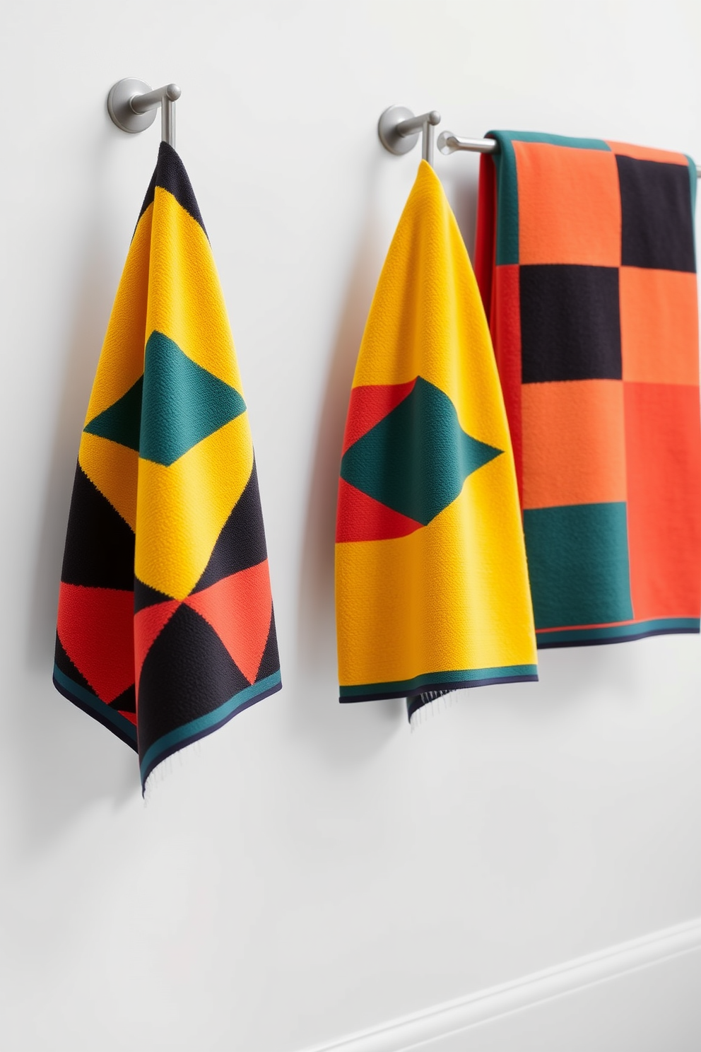 A stylish bathroom scene featuring towels with bold geometric patterns that add a modern flair. The towels are neatly arranged on a sleek, contemporary towel rack, enhancing the overall aesthetic of the space. The color palette includes vibrant hues that complement the minimalist decor. The backdrop features a clean, white wall that allows the geometric designs to stand out beautifully.