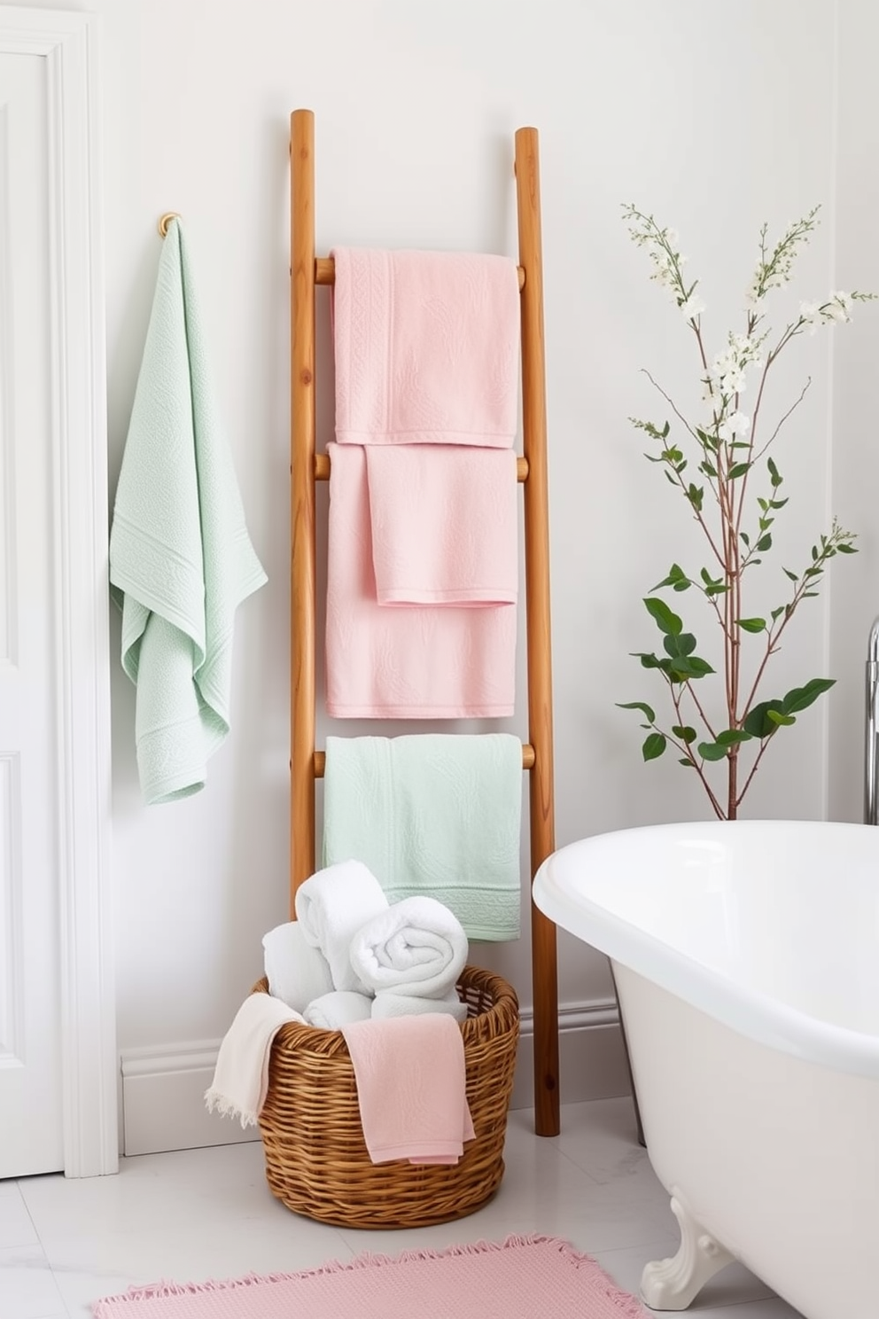 A stylish bathroom features a decorative rack showcasing neatly folded towels in various colors and textures. The rack is positioned against a soft pastel wall, adding a touch of elegance to the overall design. The towels are arranged by size and color, creating a visually appealing gradient effect. A small potted plant sits beside the rack, enhancing the fresh and inviting atmosphere of the space.