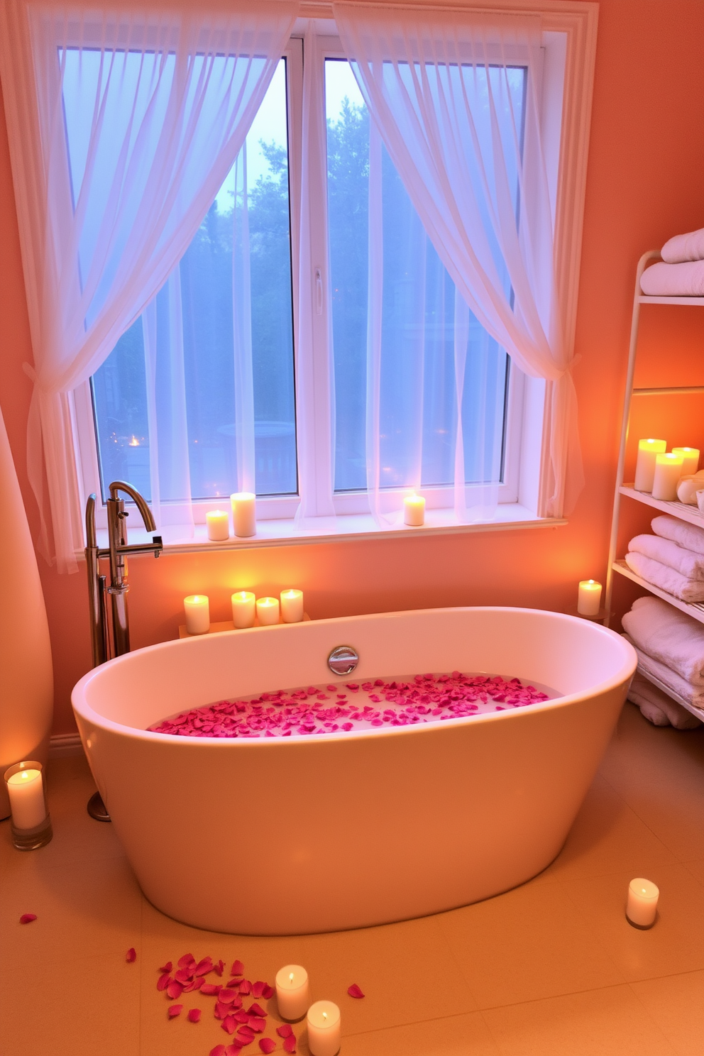 A romantic candlelit bath setup featuring a freestanding soaking tub positioned under a large window with sheer curtains. Surrounding the tub are an array of flickering candles in various heights, casting a warm glow across the room. Soft rose petals are scattered on the surface of the water, creating a serene atmosphere. The walls are painted in a soft blush color, and plush towels are neatly arranged on a nearby shelf for a touch of elegance.