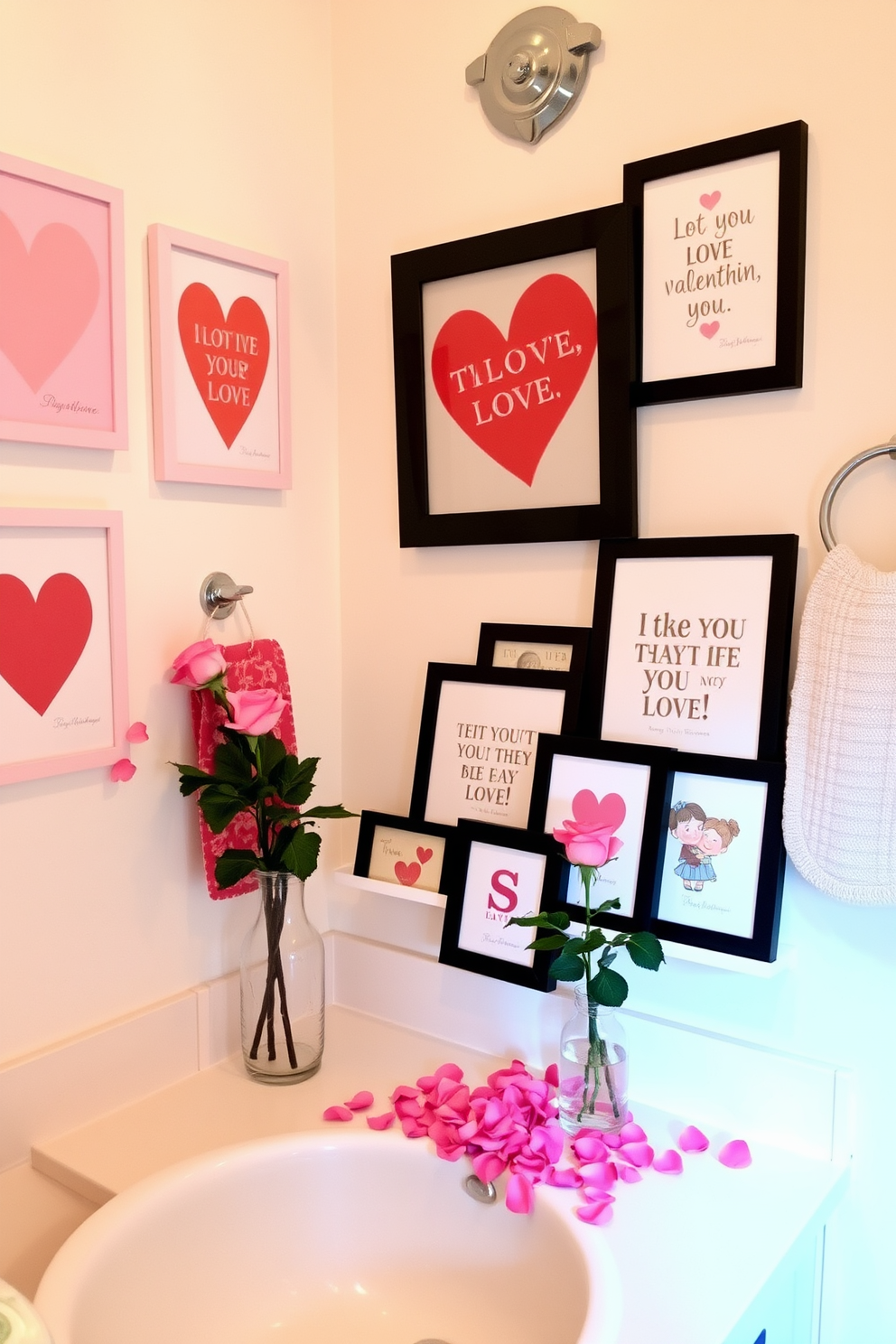 A charming bathroom adorned with Valentine themed artwork. The walls are decorated with heart-shaped prints and romantic quotes in soft pink and red hues. A cozy display featuring a collection of framed love-themed illustrations. The countertop is adorned with rose petals and a small vase of fresh pink roses for a festive touch.