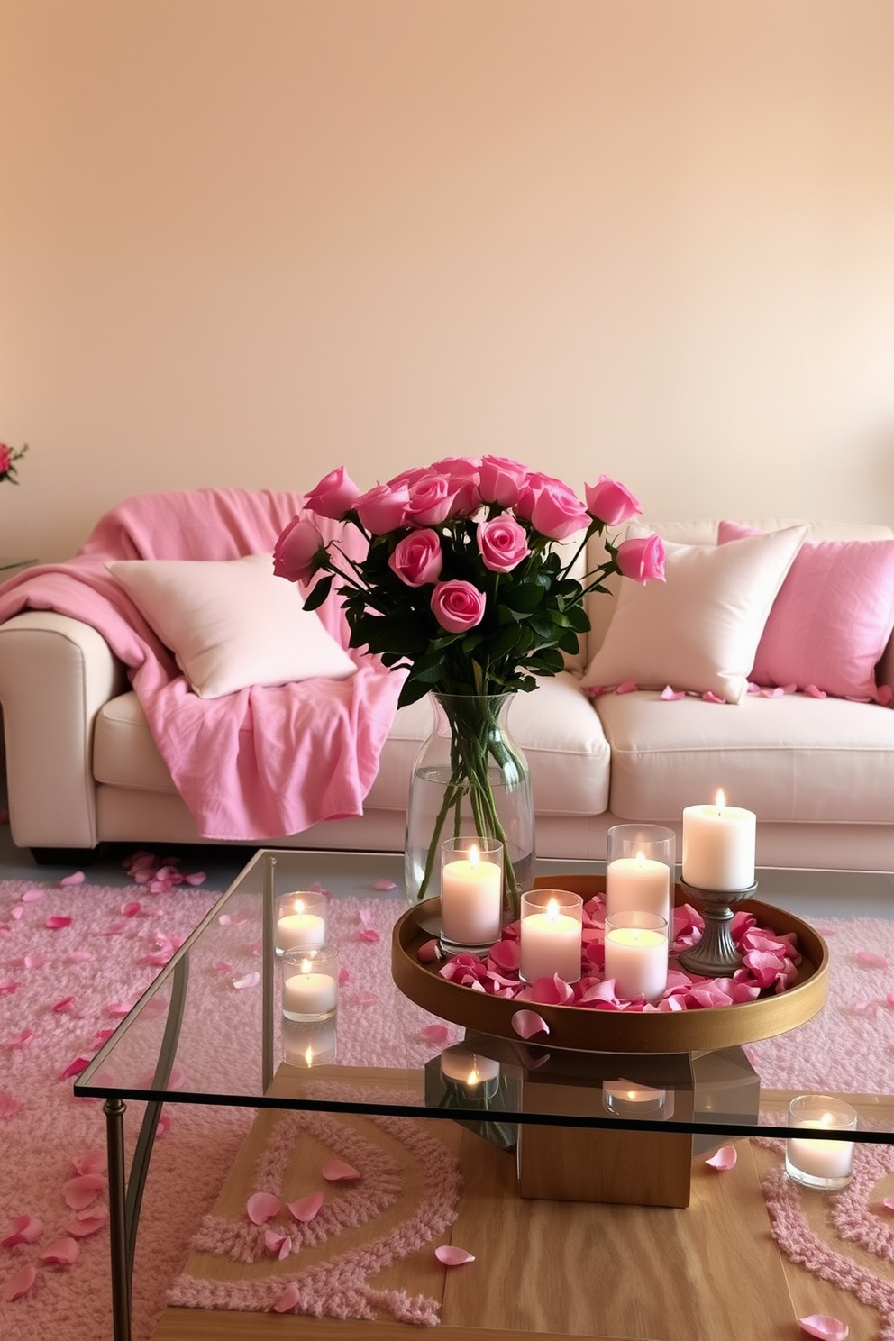 A cozy living room adorned with soft rose petal accents. The sofa is draped with a light pink throw blanket, and scattered rose petal cushions add a romantic touch. On the coffee table, a glass vase filled with fresh roses sits surrounded by flickering candles. The walls are painted in a warm cream color, creating an inviting atmosphere perfect for Valentine's Day.