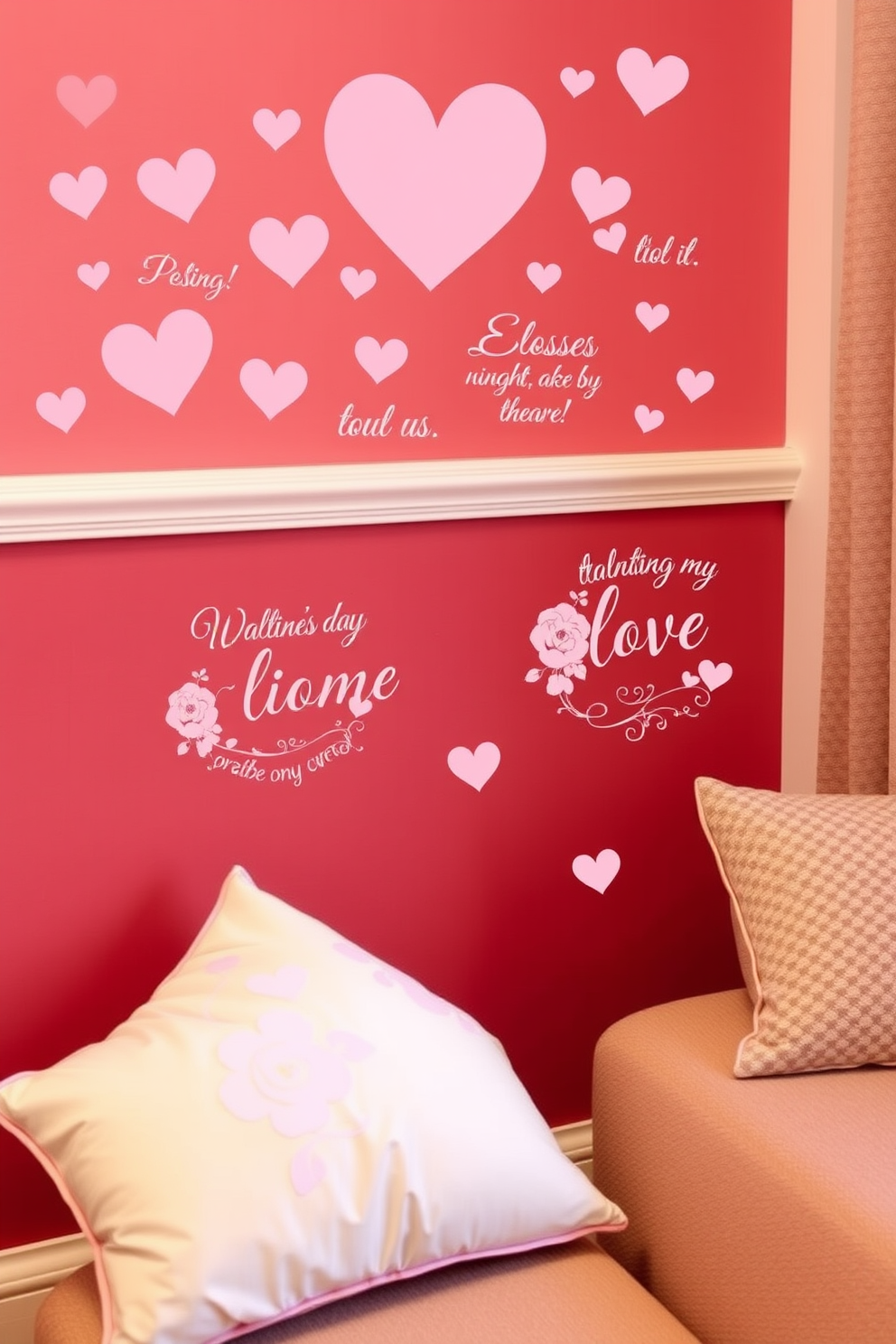 Charming love-themed wall decals adorn the walls, featuring elegant designs of hearts and romantic phrases in soft pastel colors. The decals create a warm and inviting atmosphere, perfect for celebrating Valentine's Day in a cozy and intimate setting. Delicate floral patterns intertwine with whimsical love quotes, adding a touch of playfulness to the decor. The overall effect transforms the space into a romantic haven, ideal for expressing affection and joy.