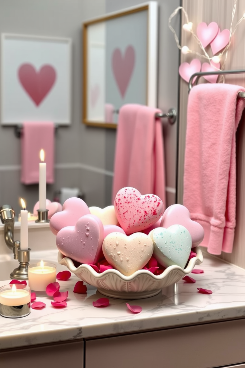 Create a charming bathroom scene that features whimsical love-themed shower curtain hooks. The hooks should display playful heart designs and vibrant colors, adding a festive touch to the space. Incorporate Valentine's Day decorations throughout the bathroom, such as heart-shaped candles and floral arrangements in soft pinks and reds. The overall atmosphere should feel romantic and inviting, perfect for celebrating love.