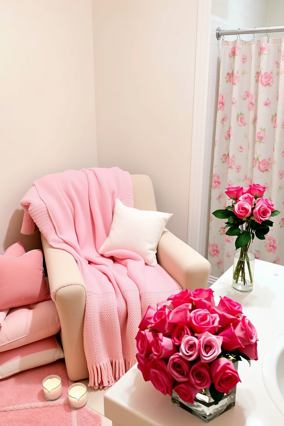 Cozy throw blanket in soft pink draped over a plush armchair in a warmly lit corner. Surrounding the chair are decorative pillows in various shades of pink and white, creating an inviting atmosphere for a Valentine's Day celebration. In the bathroom, a romantic ambiance is set with heart-shaped candles on the countertop and a bouquet of fresh roses resting in a clear vase. The shower curtain features a delicate floral pattern, complementing the overall theme of love and comfort.