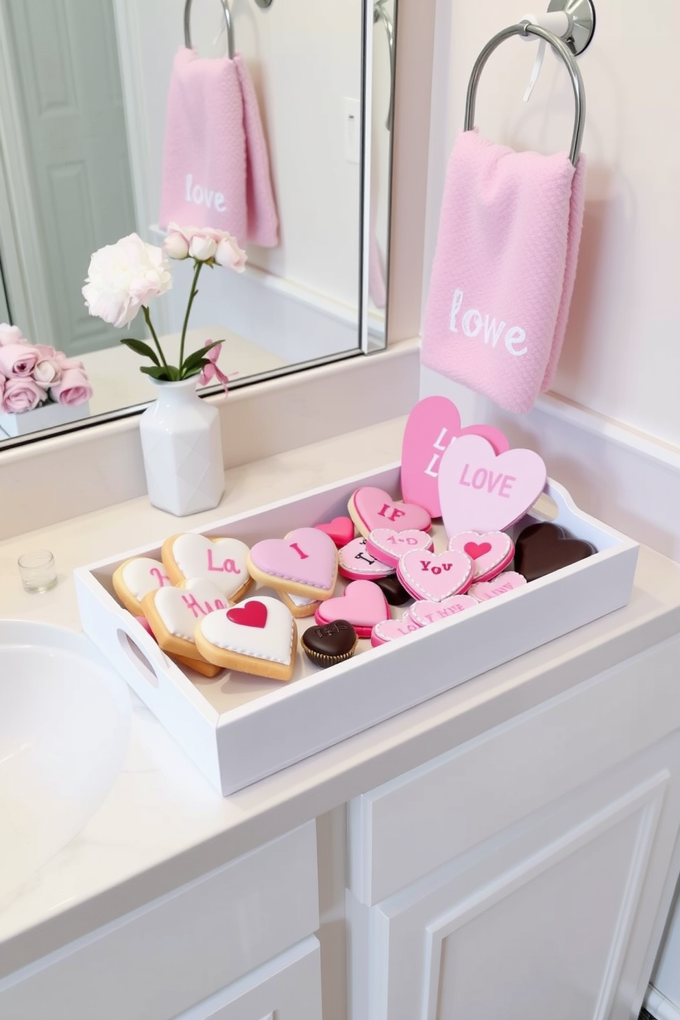 A decorative tray is arranged with an assortment of love-themed treats including heart-shaped cookies and chocolates. The tray is placed on a stylish bathroom counter, accented by soft pink and white decor elements to enhance the Valentine's Day theme.