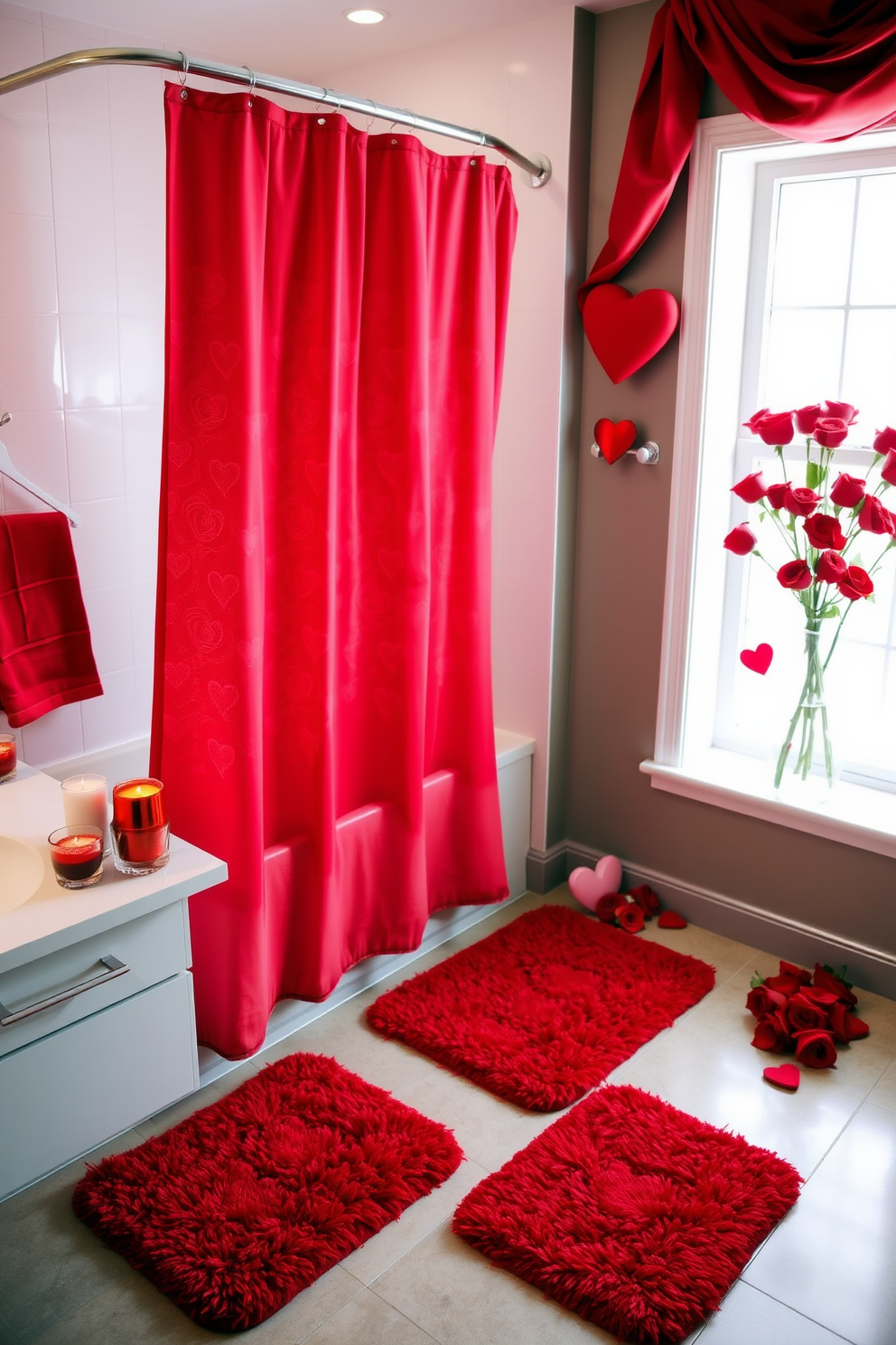 A romantic bathroom setting featuring red accents in the shower accessories. The shower curtain is a rich crimson color adorned with delicate heart patterns, complementing the plush red bath mats on the floor. Valentines Day decorations are tastefully arranged throughout the space. Heart-shaped candles are placed on the vanity, and a bouquet of red roses sits elegantly in a vase by the window.