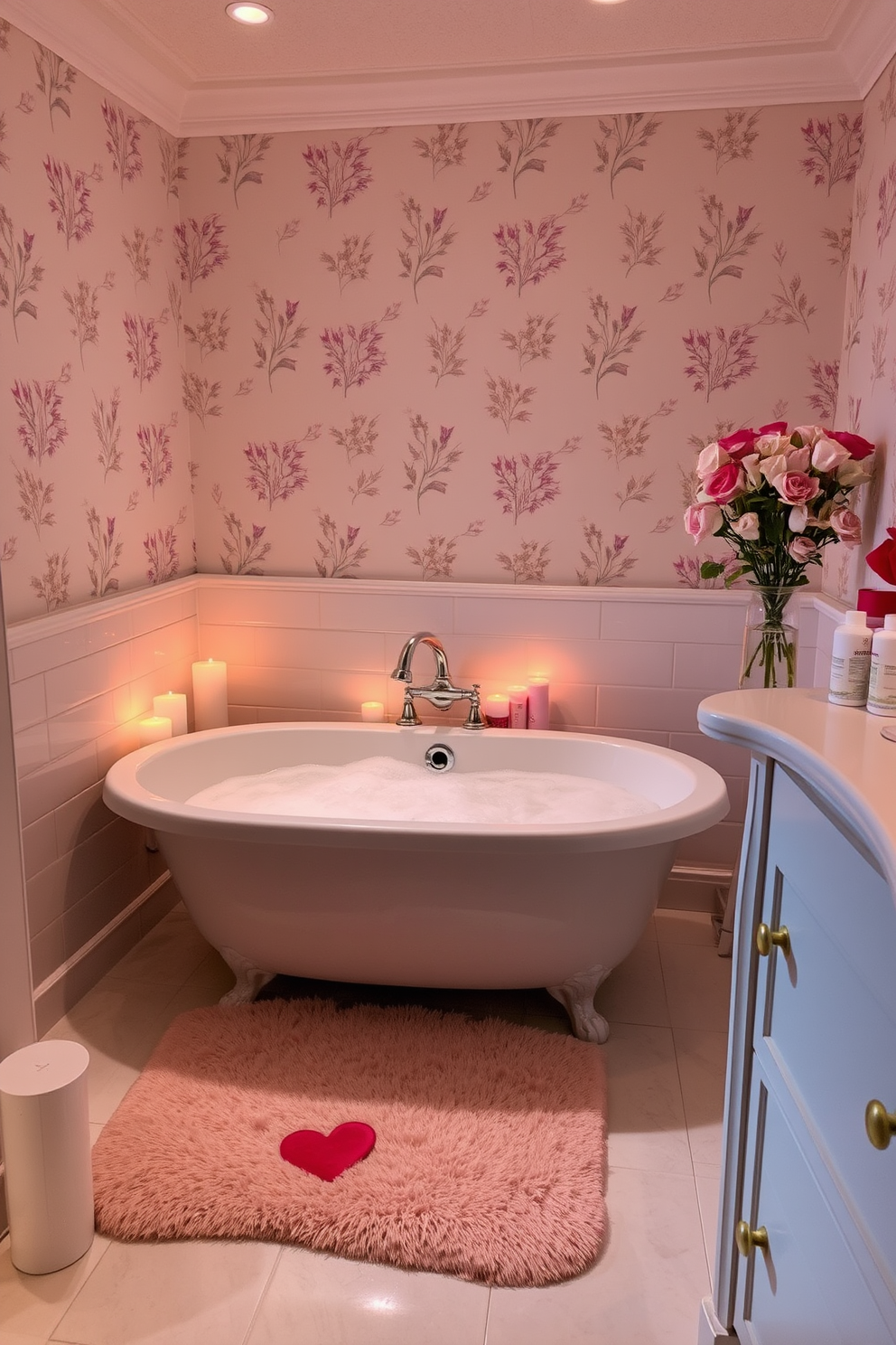 Create a serene bathroom atmosphere perfect for relaxation with soft candlelight illuminating the space. Incorporate a luxurious freestanding tub surrounded by rose petals and a gentle playlist of romantic music to enhance the ambiance. Design a charming Valentine's Day theme with heart-shaped decorations and soft pastel colors. Use floral arrangements and cozy textiles to create an inviting and romantic setting throughout the bathroom.