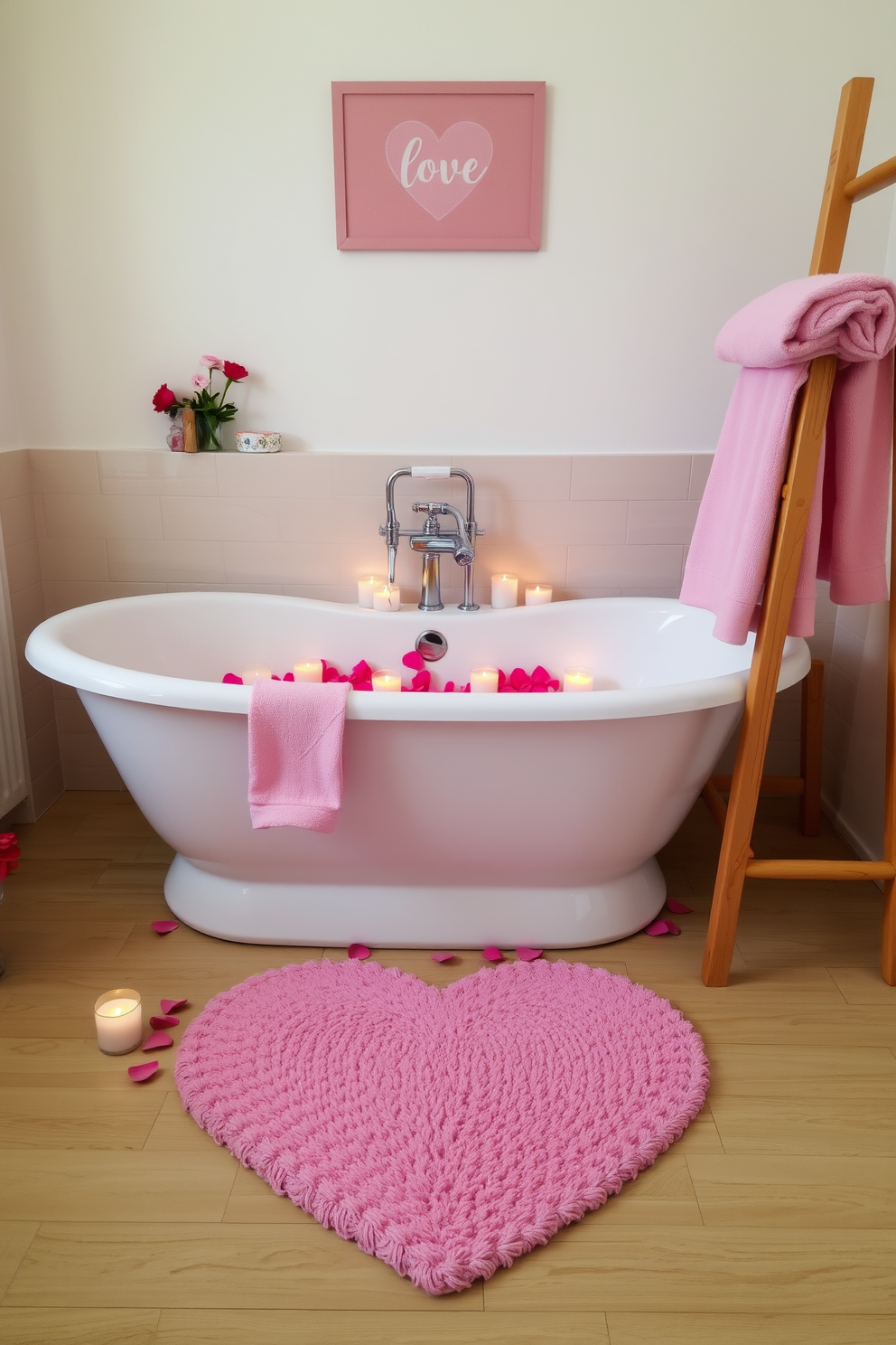 A cozy bathroom setting featuring a heart-shaped bath mat placed in front of a freestanding tub. The tub is surrounded by candles and rose petals, creating a romantic atmosphere for Valentine's Day. Soft pink towels are neatly arranged on a wooden ladder, adding a touch of color to the space. Decorative accents like heart-shaped wall art and a small bouquet of fresh flowers complete the Valentine's Day theme.