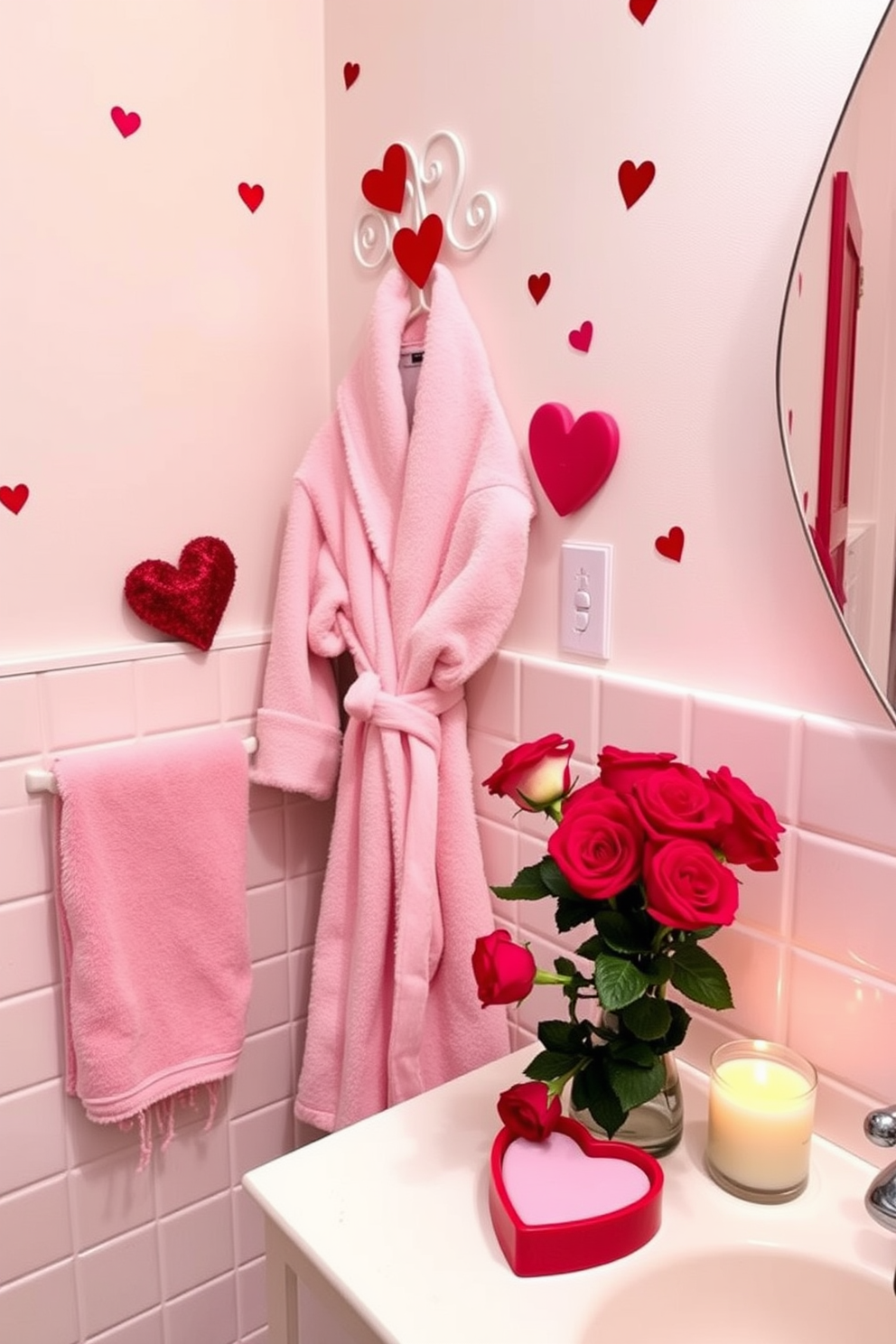 A cozy bathroom setting adorned with Valentine themed decor. A plush bathrobe in soft pink hangs on a decorative hook, surrounded by heart-shaped accents and romantic candles. The walls are embellished with subtle red and pink hues, creating a warm atmosphere. A bouquet of fresh roses sits on the countertop next to a heart-shaped soap dish, enhancing the Valentine's Day spirit.