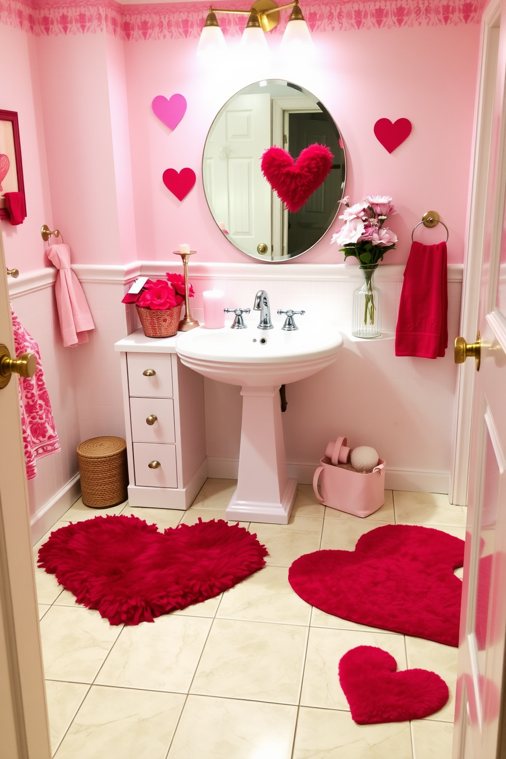 A cozy bathroom setting featuring heart-shaped rugs placed near the sink. The decor includes soft pink and red accents to celebrate Valentine's Day, with candles and floral arrangements enhancing the romantic atmosphere.