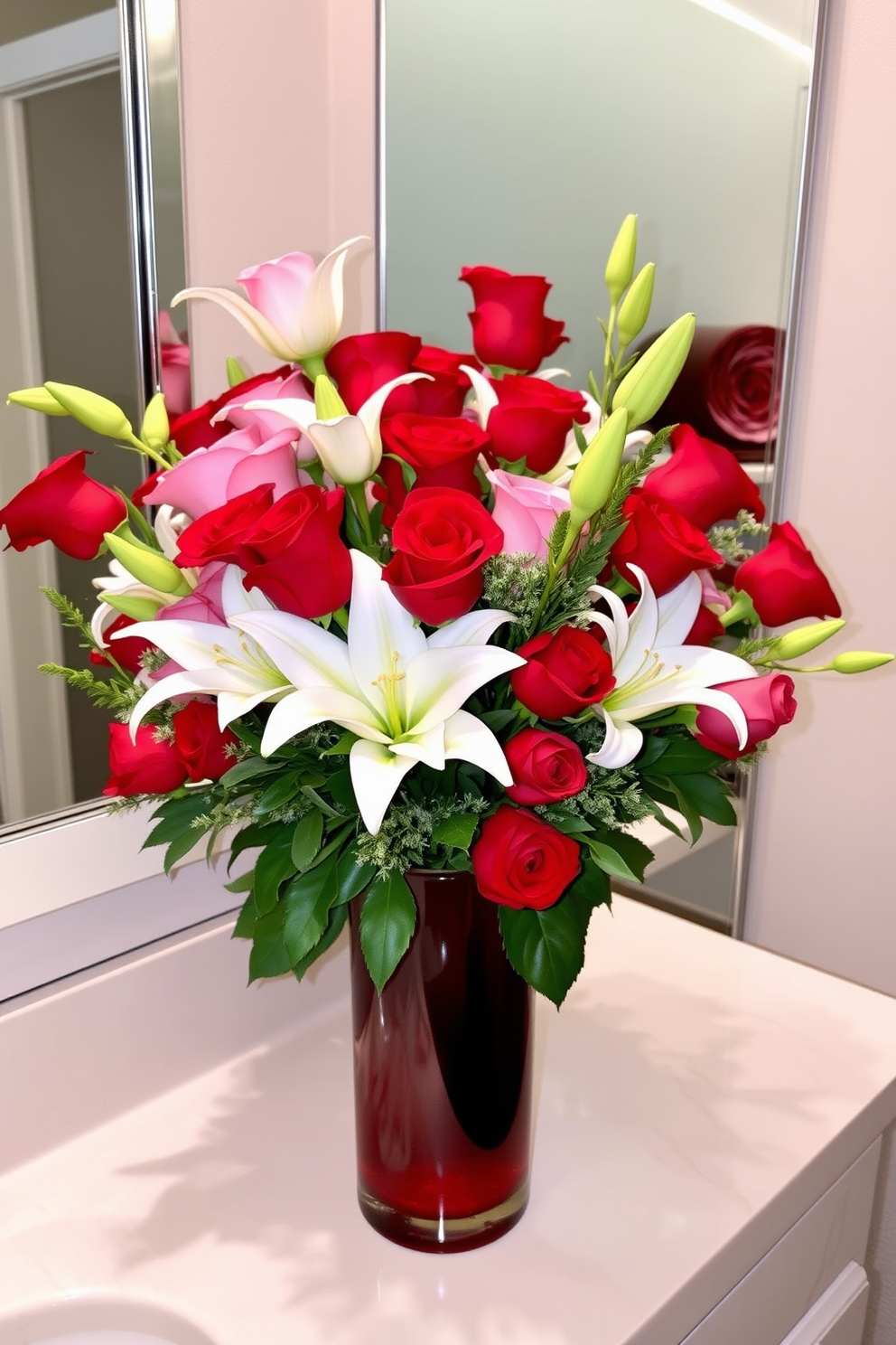 Seasonal floral arrangements in a vase filled with vibrant red and pink roses, accented with delicate white lilies and greenery. The vase is placed on a sleek bathroom countertop, creating a romantic and inviting atmosphere for Valentine's Day decorating ideas.