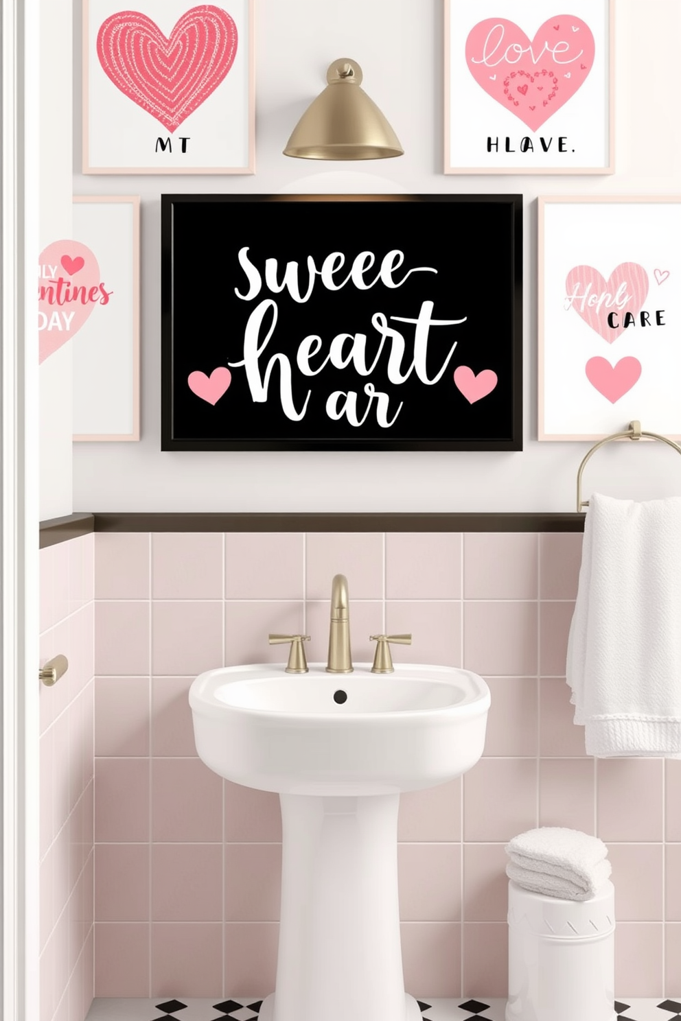 Create a collection of wall art prints featuring sweetheart themed designs that evoke romance and warmth. Incorporate soft pastel colors, heart motifs, and playful typography to enhance the Valentine's Day spirit in a bathroom setting.